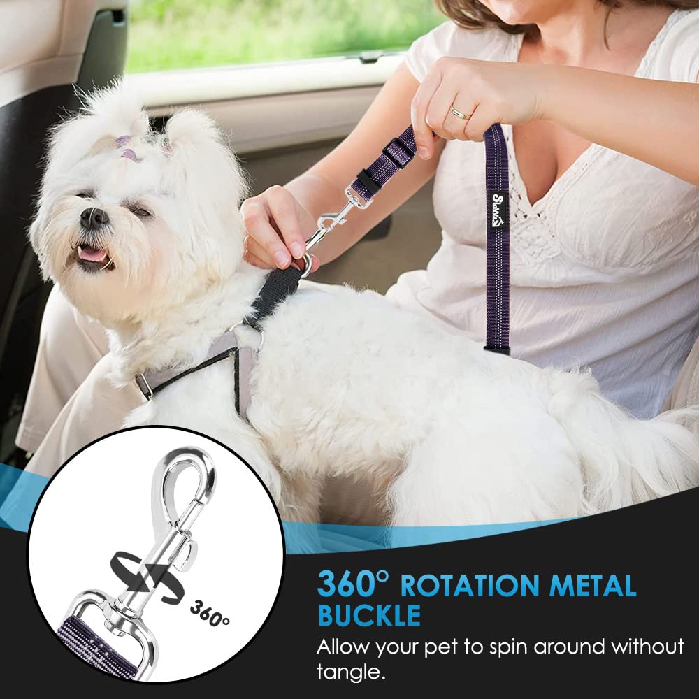SlowTon 2-Pack Adjustable Dog Seat Belt for Car - Reflective Pet Safety Harness with Elastic Bungee Buffer, 2-in-1 Headrest Restraint & Clip Leash (Purple) - Secure Your Dog During Road Trips & Daily Commutes