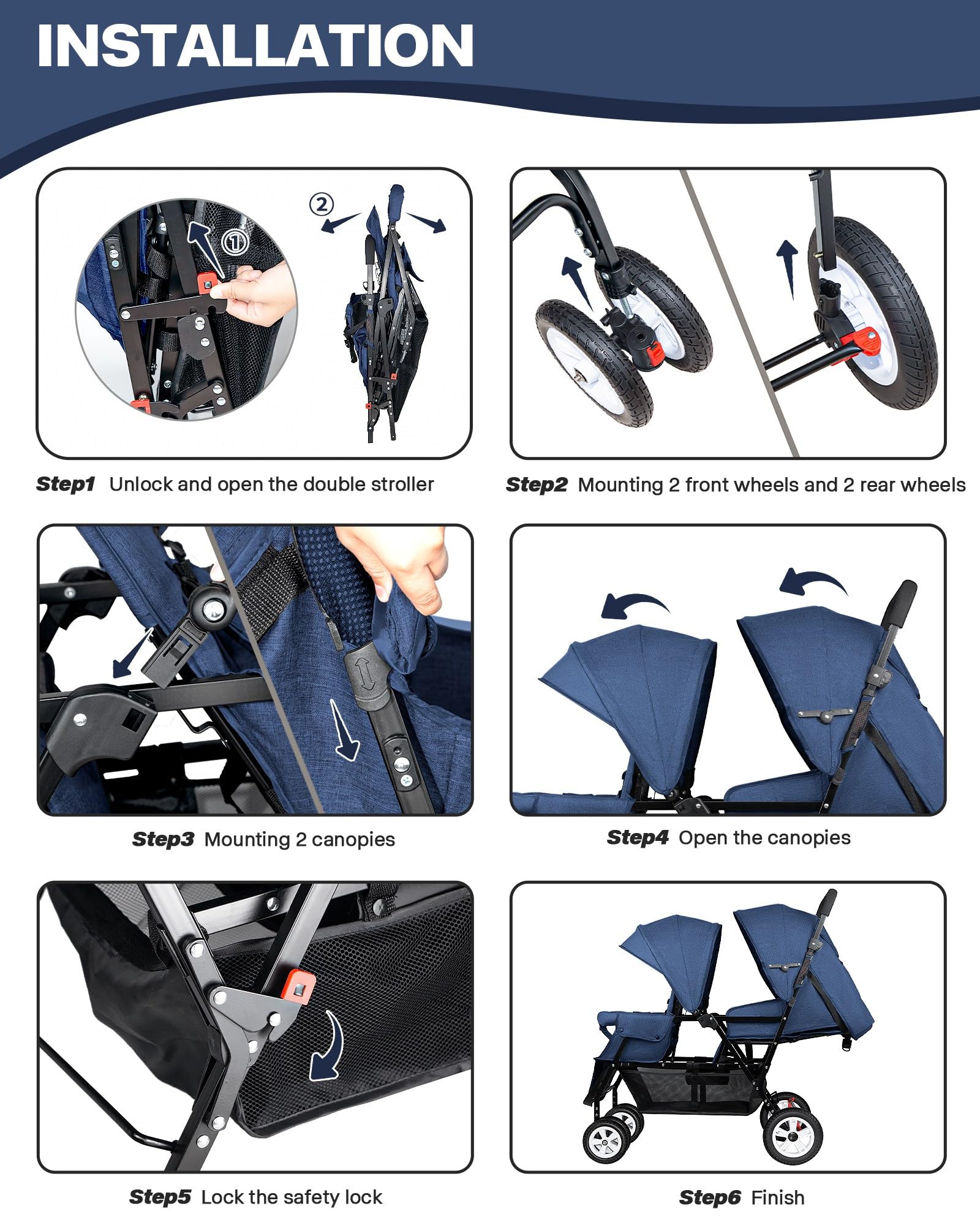 Premium Double Stroller for Infants & Toddlers - Foldable Tandem Baby Stroller with Adjustable Backrest, Mosquito Net & Accessories (Blue) - Perfect for Twins, Siblings or Daycare Outings