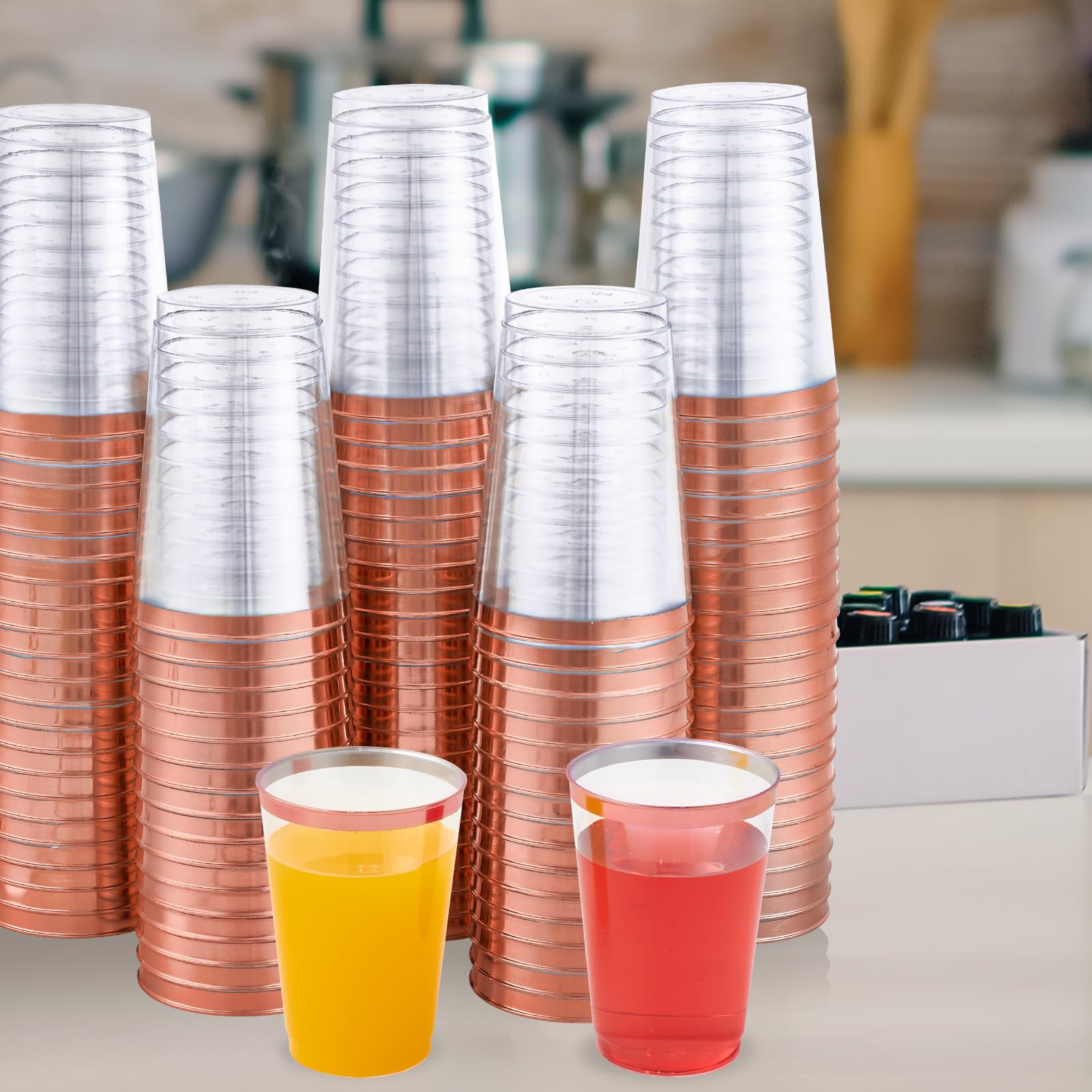 JOLLY CHEF 100 Pack 12 oz Rose Gold Rim Clear Plastic Cups - Elegant Disposable Tumblers for Wedding, Party, Birthday, Baby Shower & Bridal Shower - Perfect for Cocktails, Juice, Soda & Beverages