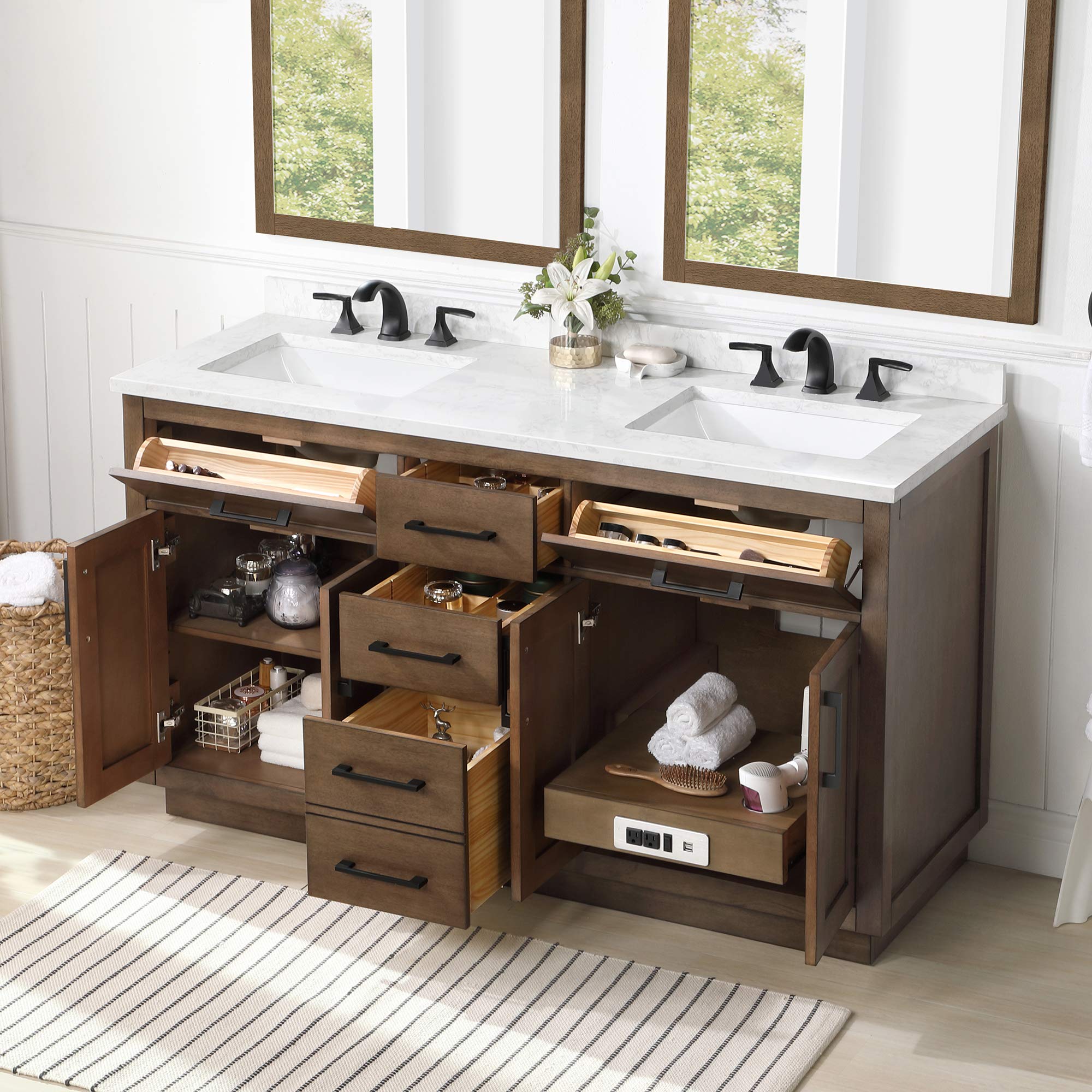 Ove Decors Maya Plus 60-Inch Double Sink Bathroom Vanity in Almond Latte Finish with Black Hardware & Power Bar - Modern Bathroom Storage Solution for Master Bath & Guest Bath Remodel