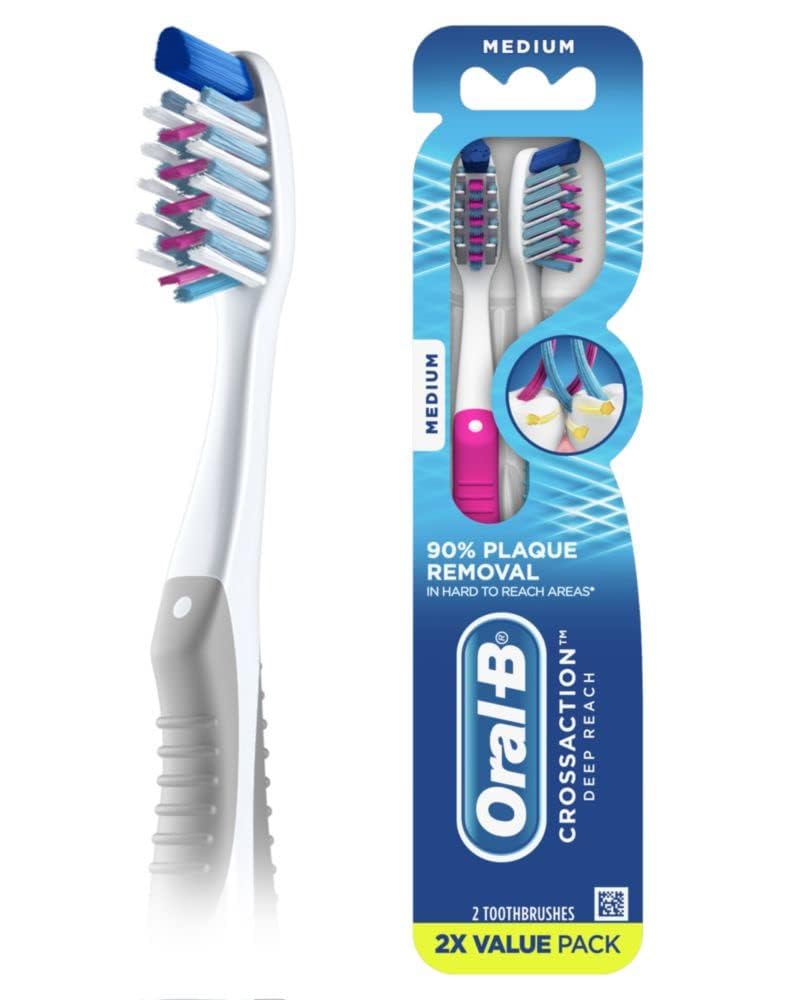 Oral-B CrossAction Deep Reach Toothbrushes for Adults - Medium Bristles (2-Pack) - Effective Plaque Removal for Hard-to-Reach Areas - Perfect for Travel & Daily Oral Care