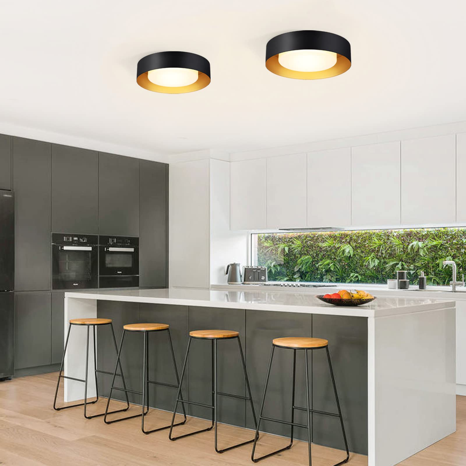 Modern Black & Gold Flush Mount Ceiling Light Fixture - 16.5