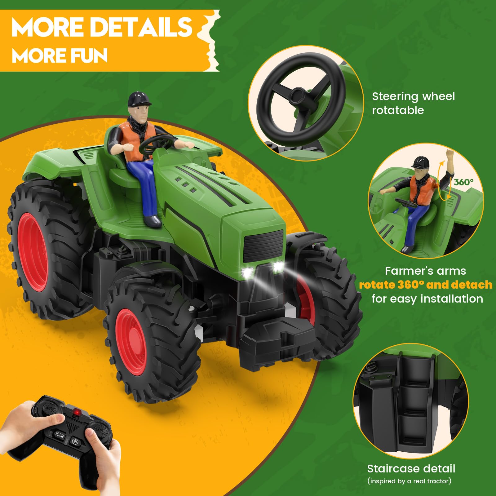1:24 Scale Remote Control Tractor Toy for Kids Ages 3-5 - Rechargeable RC Farm Vehicle with Farmer Figure & LED Lights | Birthday Gift for Toddlers Boys & Girls | Indoor Play, Outdoor Garden Fun, Pretend Farming Scenarios