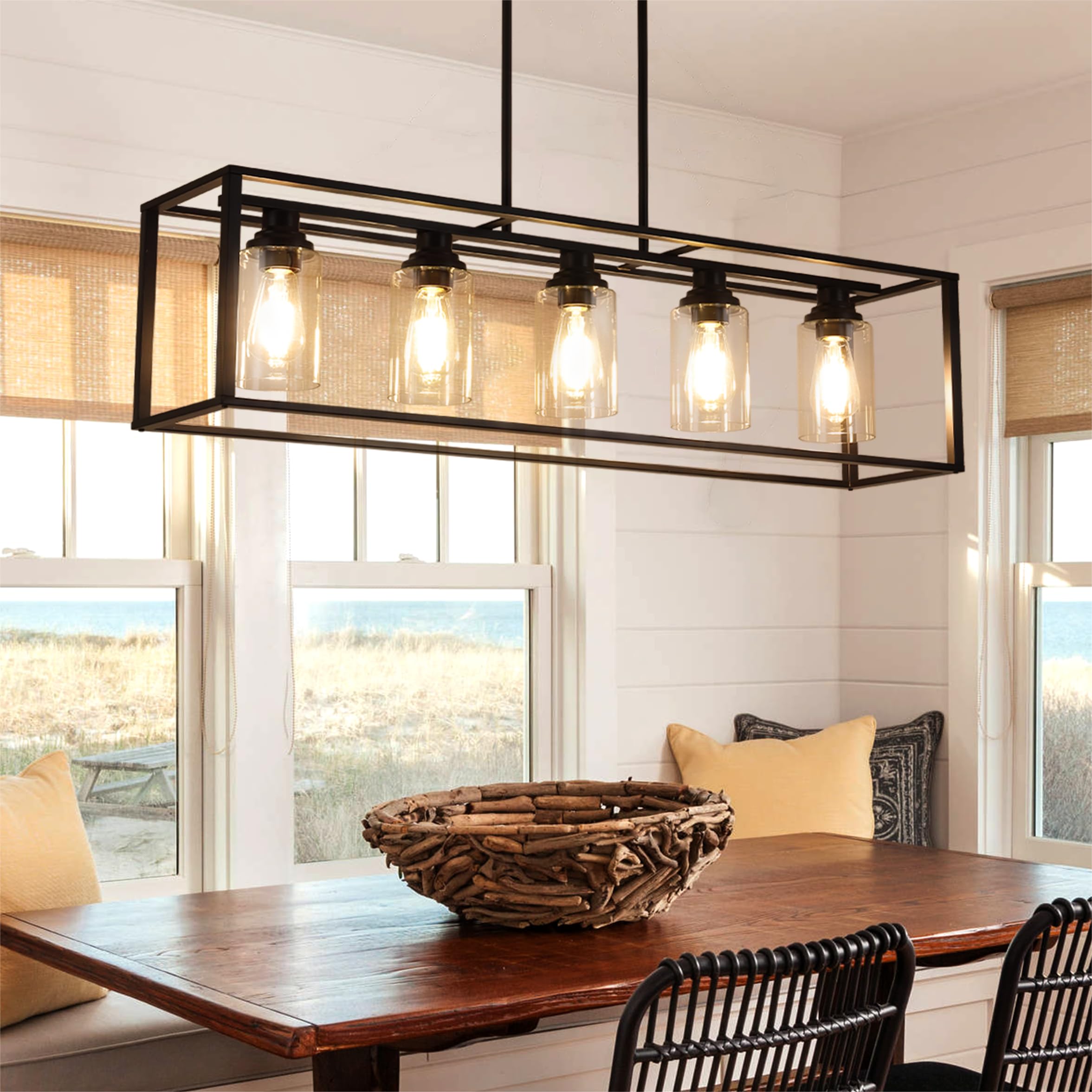 Black Farmhouse 5-Light Chandelier with Clear Glass - Kitchen Island Lighting & Dining Room Ceiling Fixture - Perfect for Farmhouse, Rustic, and Modern Dining Areas
