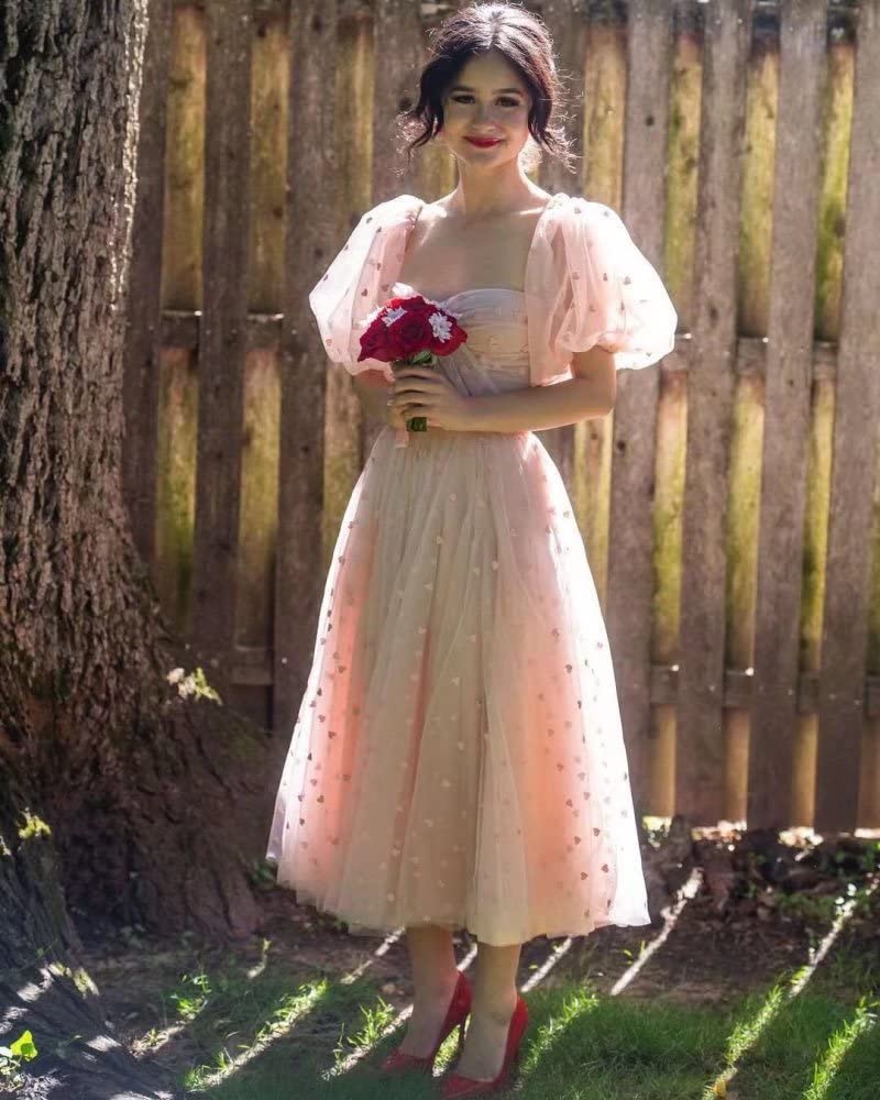 UZN Floral Embroidery Puffy Sleeve Prom Dress - Tea Length Tulle Formal Gown with Pleated Skirt for Evening Party, Homecoming, Wedding Guest & Special Occasions