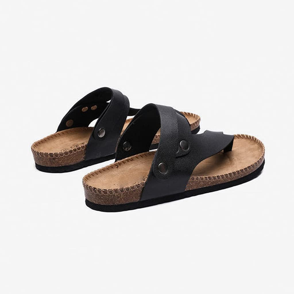 SKREOJF Men's Summer Leather Slides - Adjustable Cork Sandals for Beach, Pool & Home - Comfortable Flip Flops for Men - Black (Size 7.5) | Perfect for Vacation, Lounging & Outdoor Wear