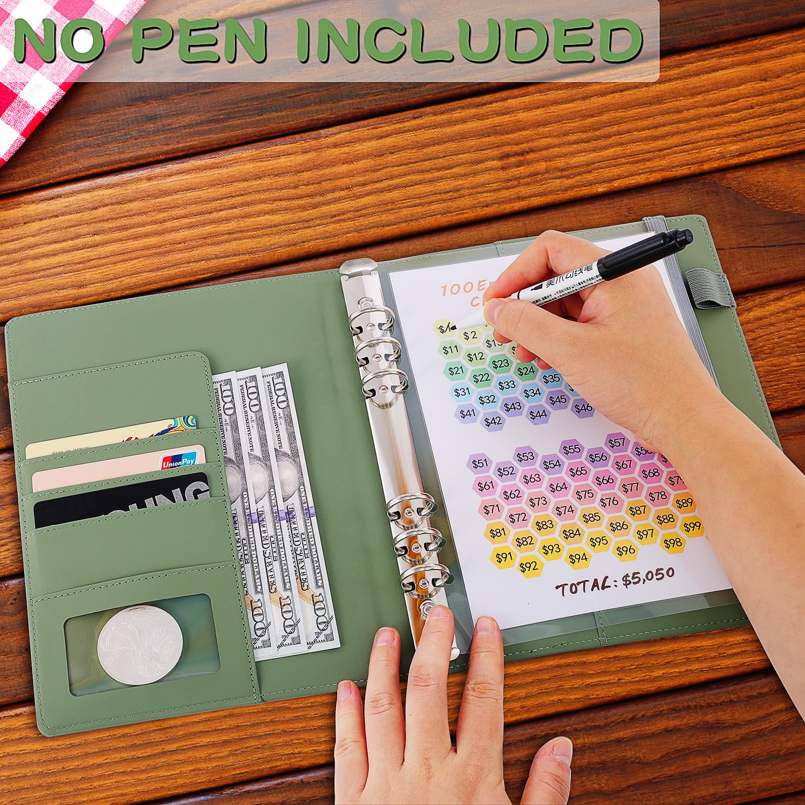 Reusable A5 Money Saving Challenge Binder - 100 Cash Envelopes Budget Organizer for $5,050 Savings Challenge | Funny Finance Planner for Cash Budgeting & Expense Tracking | Perfect for Personal Finance Goals, Couples Saving, or Family Budget Management (Army Green)