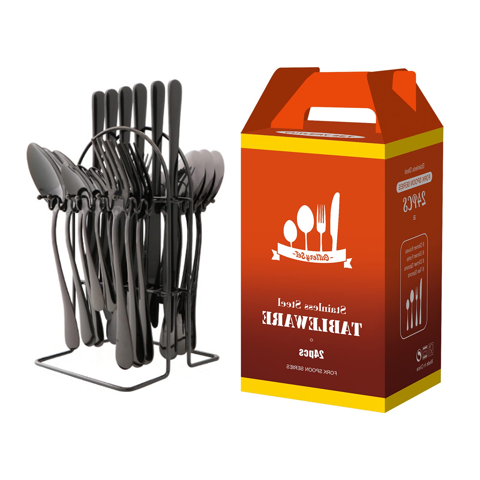 Premium Stainless Steel Silverware Set with Holder - Mirror Polished Flatware Cutlery Set Includes Knife, Fork & Spoon | Dishwasher Safe | Elegant Family Dining Utensils | Perfect for Dinner Parties, Wedding Gifts & Home Decor (Black)