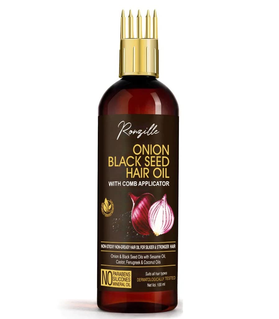 Ronzille Onion Black Seed Hair Oil with Comb Applicator - Reduces Hair Fall, Non-Sticky & Non-Greasy Formula for Silkier, Stronger Hair - Perfect for Daily Hair Care & Scalp Massage