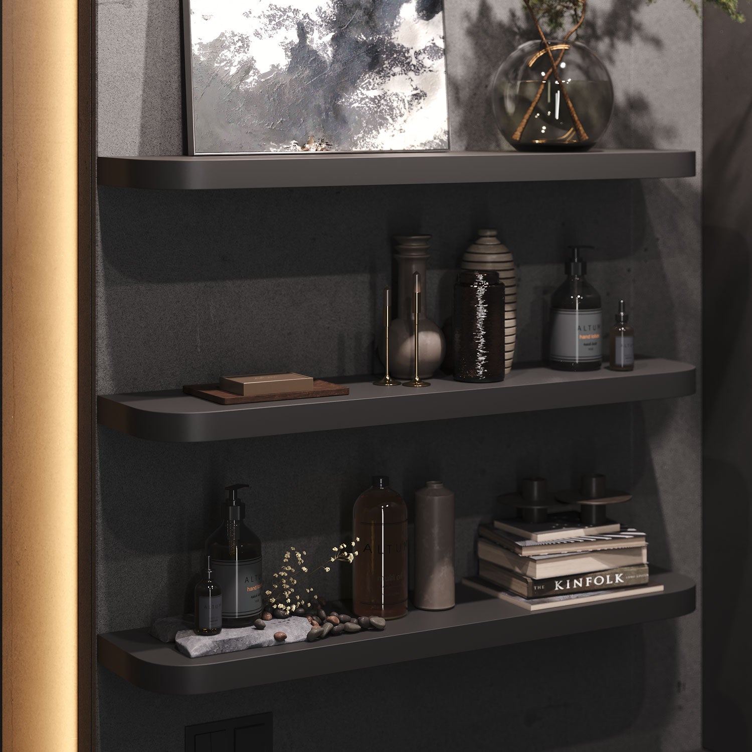 Aksel RADius Black Floating Shelf - Modern Wall Mounted Storage for Living Room, Bathroom & Office - Stylish Display for Books, Decor & Essentials