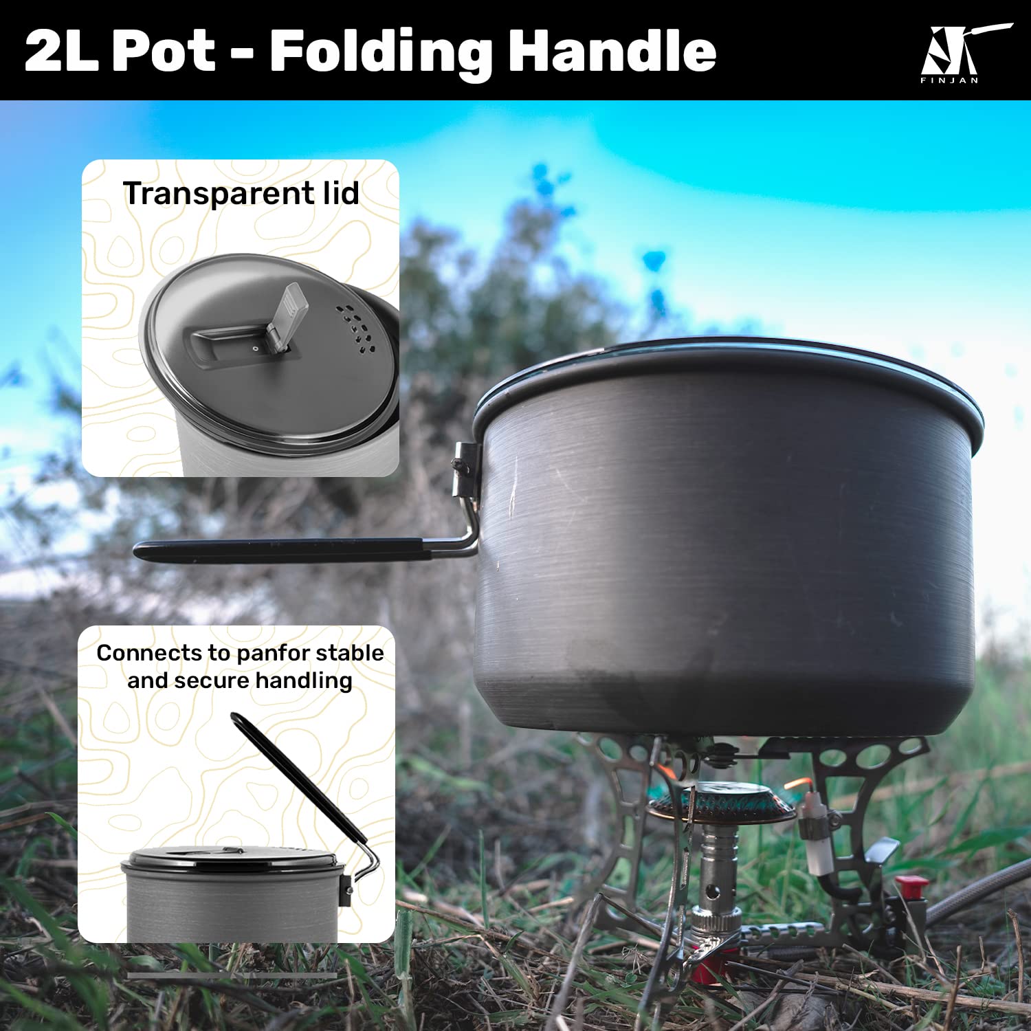 FINJAN Portable Backpacking Cooking Kit - 3-Person Camping Cookware Set with Stove, Pots, Pan, Knife & Cutlery | Compact Foldable Design for Hiking, Backpacking & Outdoor Adventures | Includes Convenient Carry Sack & Soft Storage Case