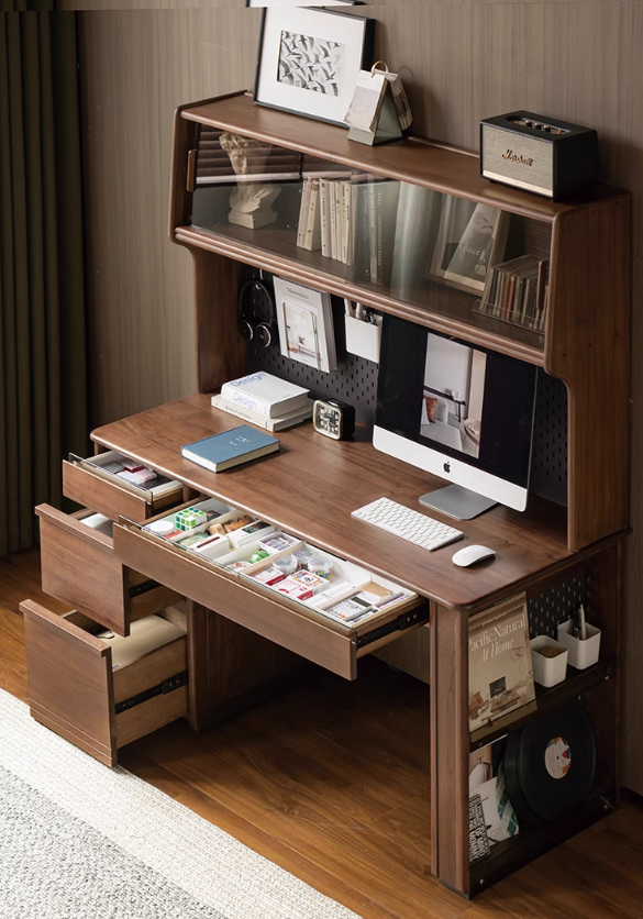 Premium Black Walnut Solid Wood Computer Desk with Bookshelf - Home Office Workstation for Remote Work & Study
