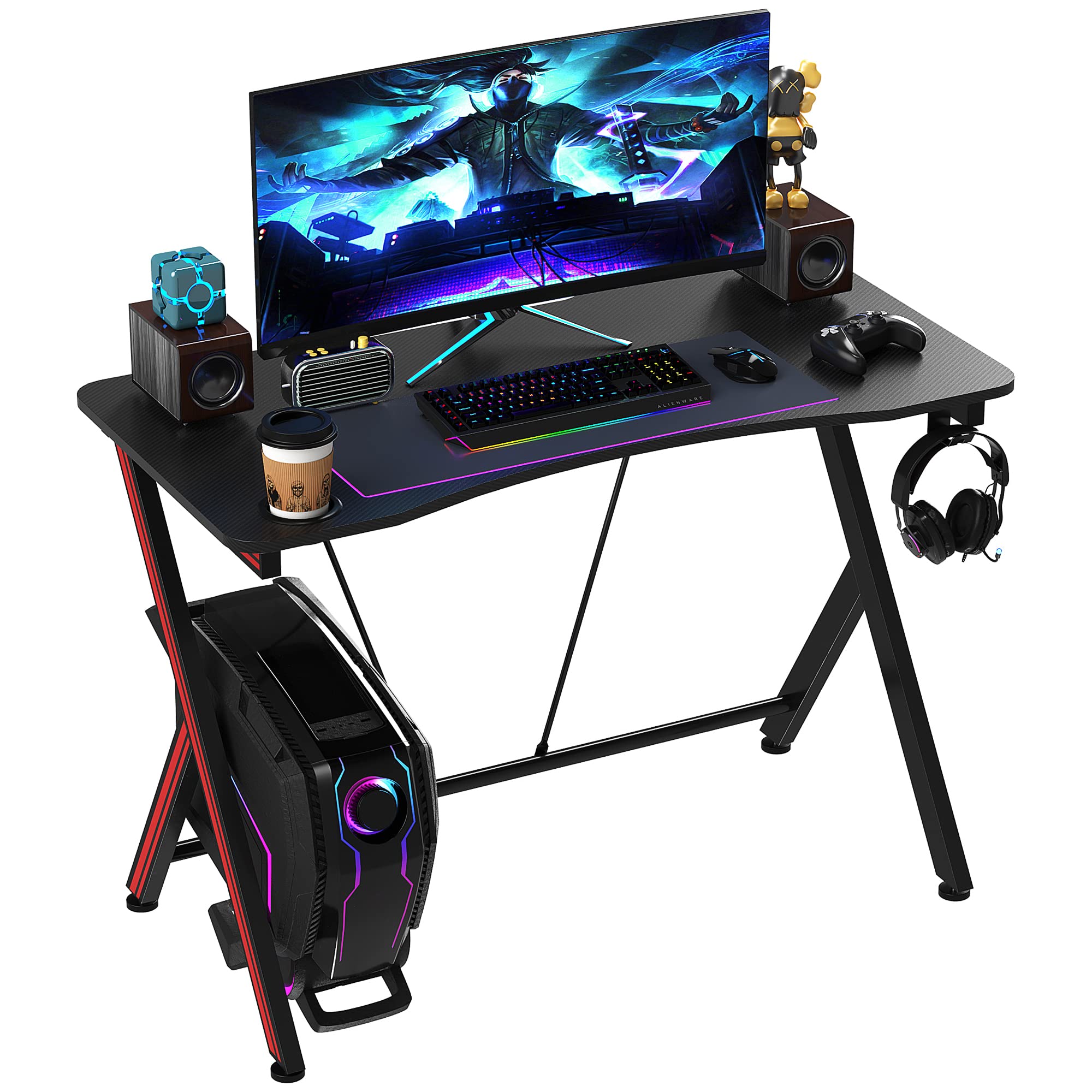 HOMCOM 41 inch Gaming Computer Desk with Cup Holder & Headphone Hook - Carbon Fiber Surface Home Office Workstation for PC Gaming & Study - Perfect for Small Spaces & Cable Management