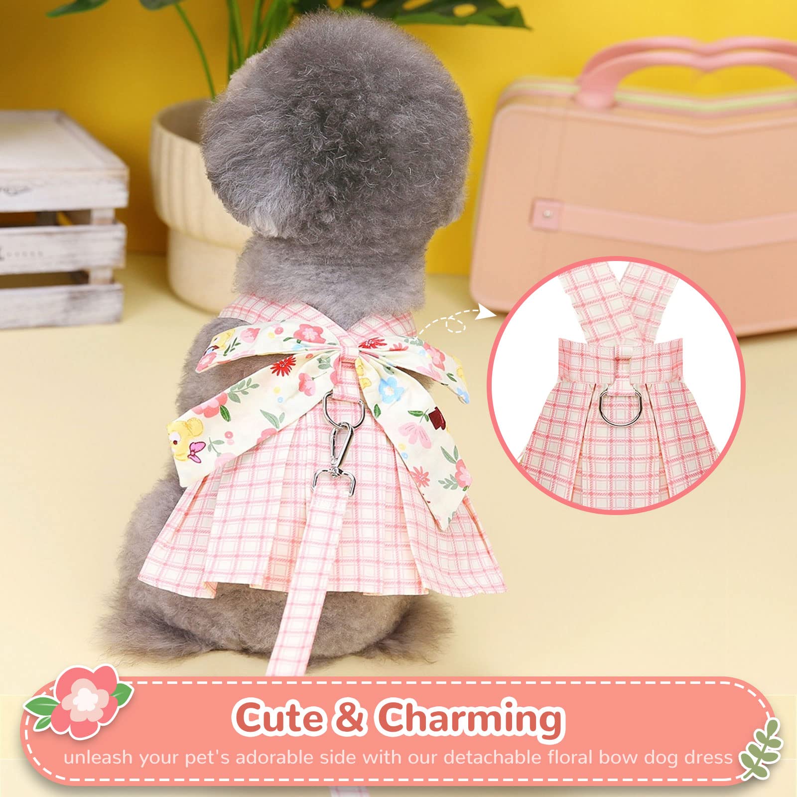 Adorable Plaid Dog Dress Harness & Leash Set for Small Medium Dogs - Pink Summer Pet Outfit with Bow for Puppy Princess, Chihuahua & Yorkie (Size L) | Perfect for Holiday Parties, Photo Shoots & Special Occasions