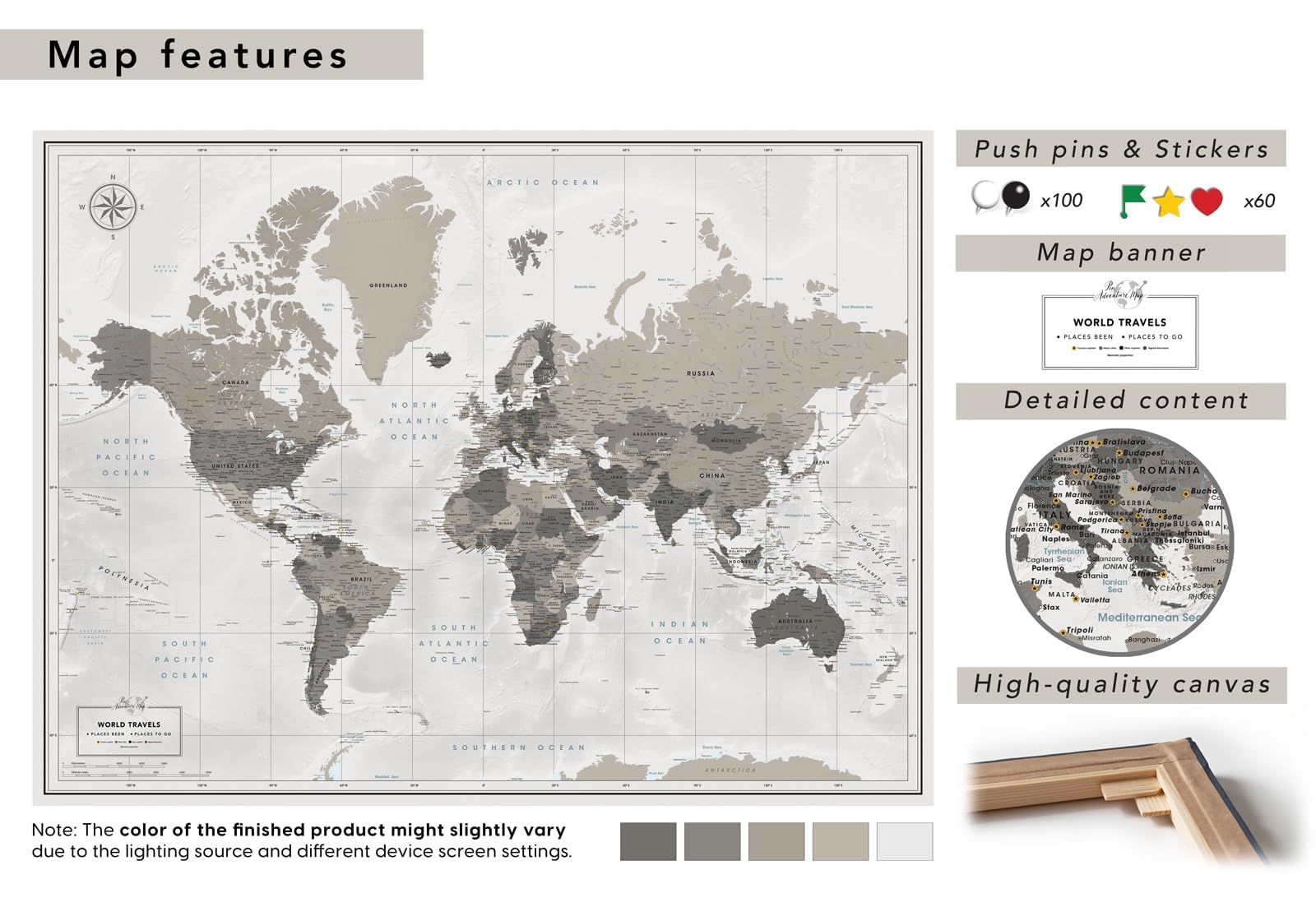 World Travel Map Push Pin Board - Detailed Canvas Wall Art for Tracking Travel Destinations | Perfect for Home Decor, Office, and Travel Planning