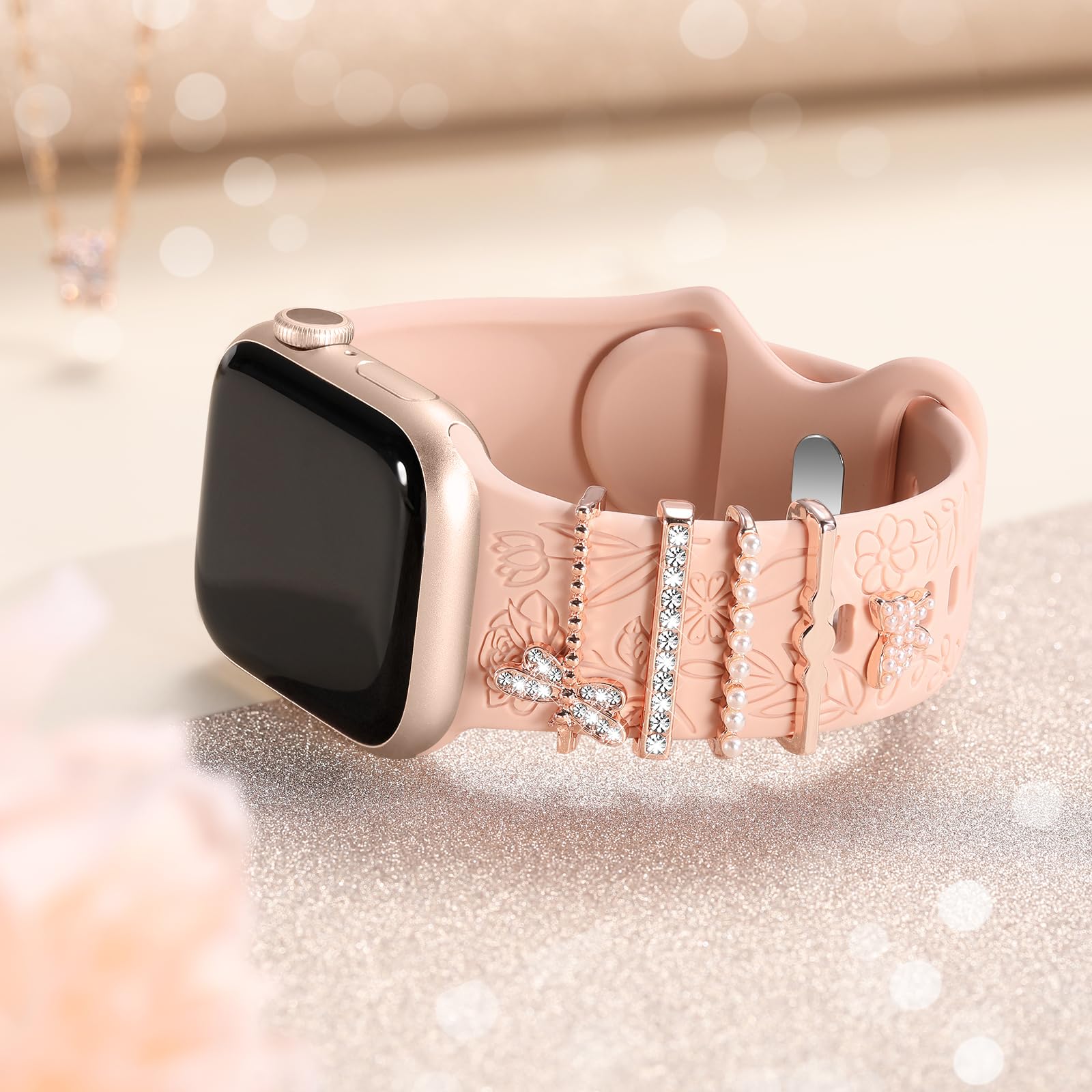 DaQin Floral Engraved Silicone Band Compatible with Apple Watch 38mm 40mm 41mm 42mm 44mm 45mm - Women's Fashion Strap with Charms for iWatch Series SE/1/2/3/4/5/6/7/8/9 - Perfect for Workouts, Office & Casual Wear