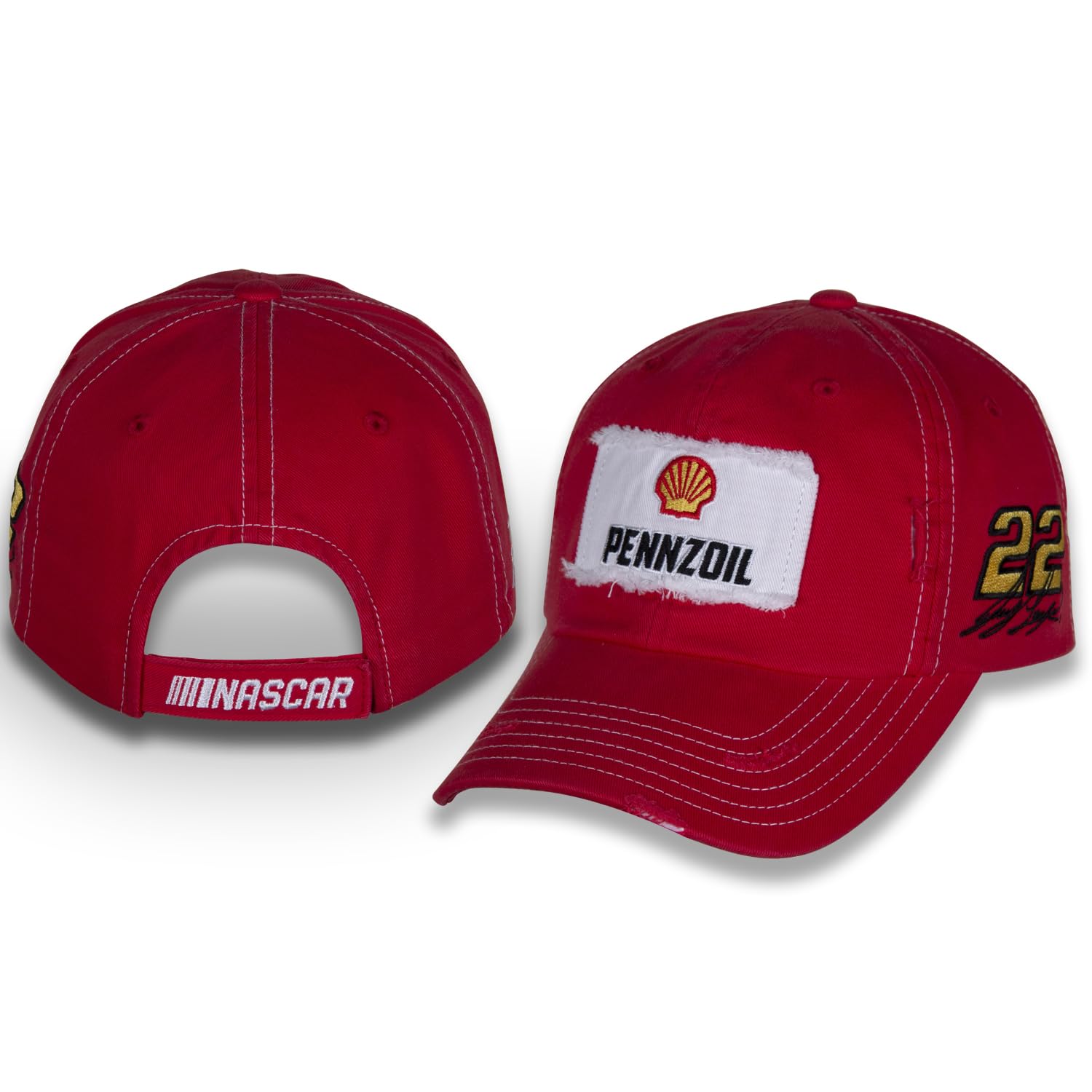 Joey Logano #22 NASCAR 2024 Pennzoil Racing Vintage Patch Stressed Brim Red Snapback Hat - Checkered Flag Sports - One Size Fits All - Perfect for Race Day, Tailgating & NASCAR Fan Gifts