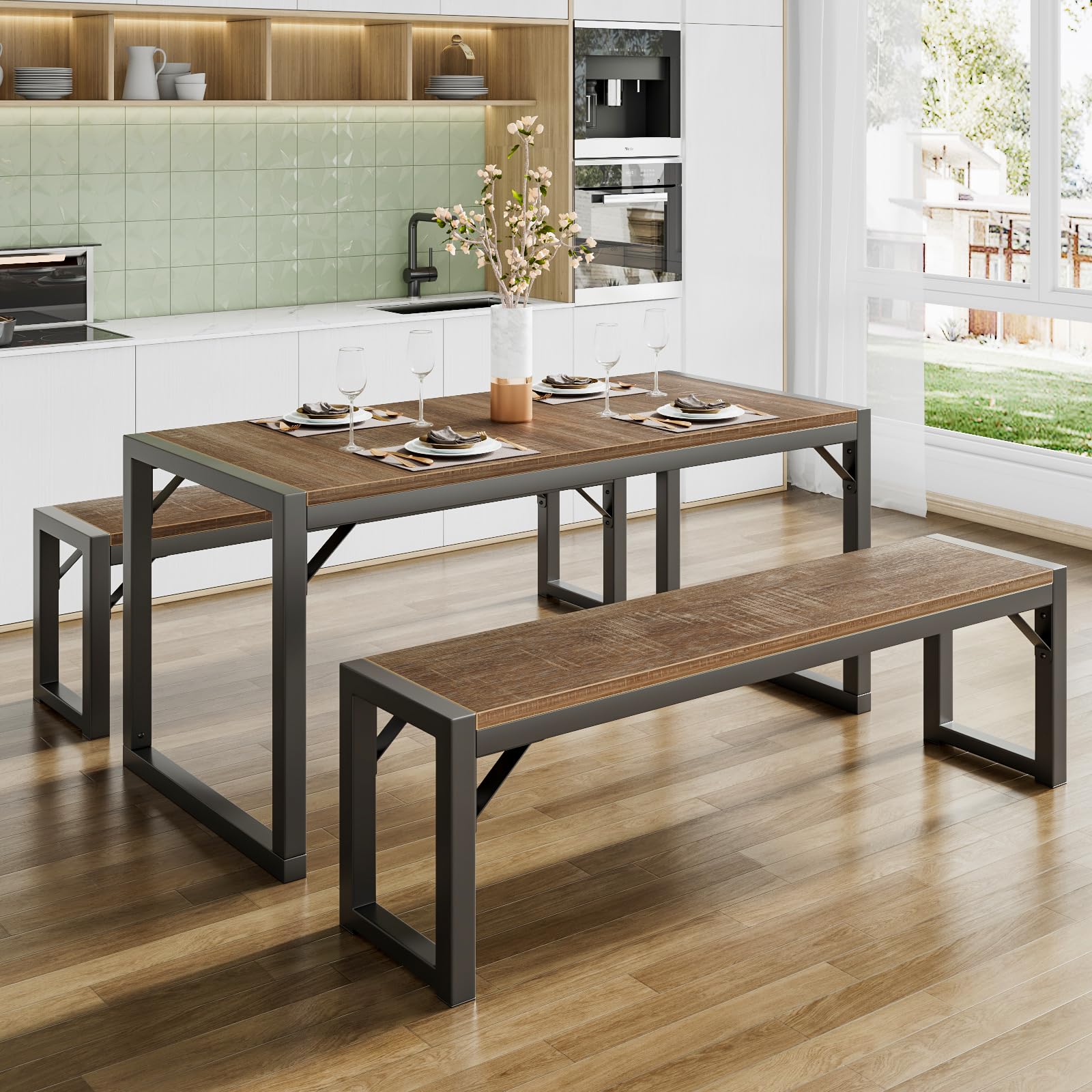 Rustic SHA CERLIN 4-Piece Kitchen Dining Table Set with Benches - Space Saving Small Dinette, Heavy Duty Metal Frame - Perfect for Apartments, Small Kitchens & Cozy Dining Spaces
