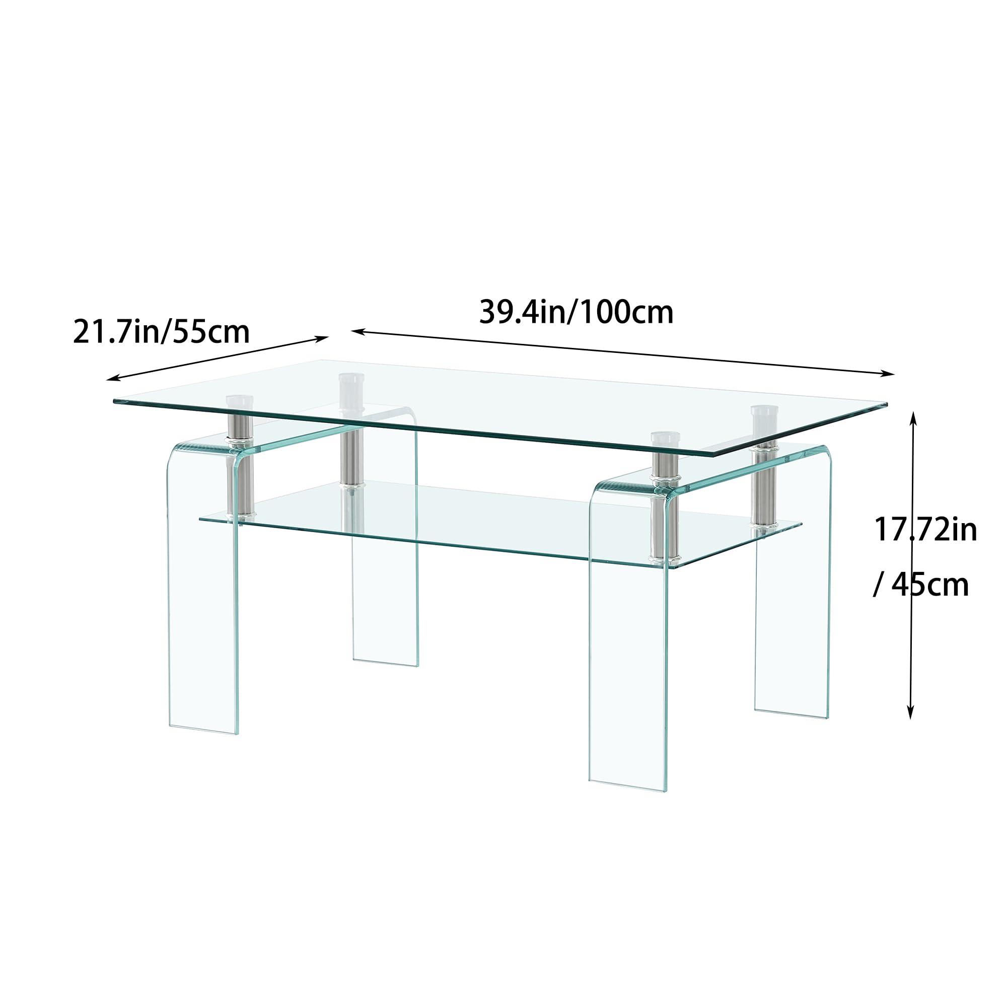Modern Clear Glass Coffee Table with Storage Shelf - Rectangle Living Room Side Table for Small Spaces, Easy to Clean - Perfect for Home Decor, Apartment Furniture & Office Waiting Areas
