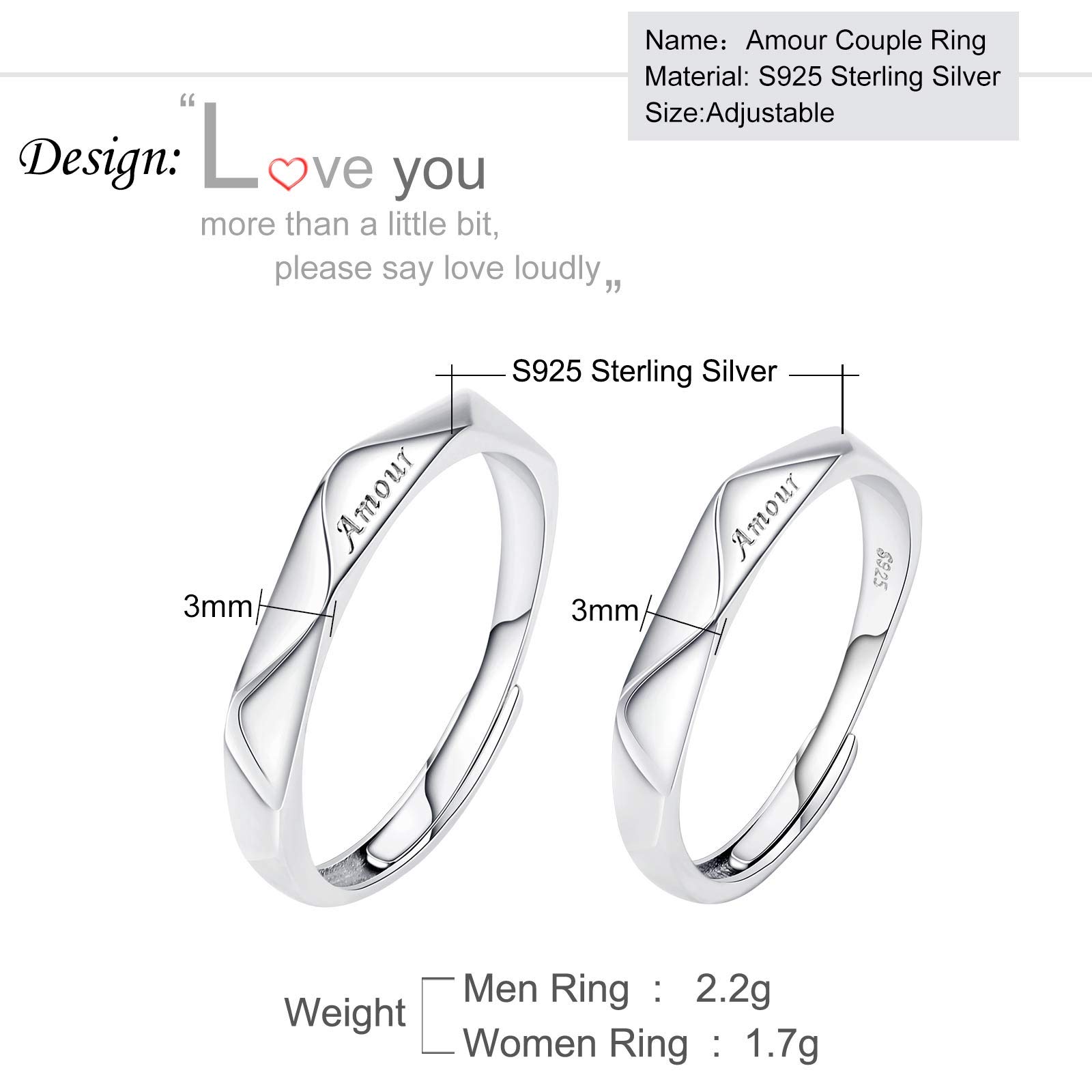 Custom Personalized S925 Sterling Silver Couple Rings - Adjustable Matching Wedding Bands for Him & Her - Perfect for Anniversaries, Engagements and Romantic Gifts