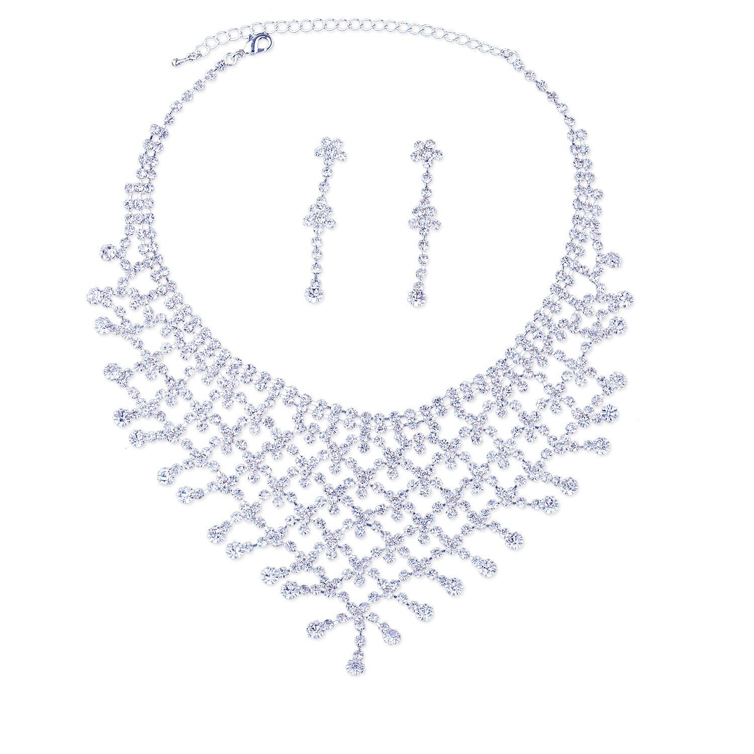 Elegant Silver Crystal Chandelier Necklace & Earrings Set for Women | Wedding, Party, Evening Formal Wear Jewelry