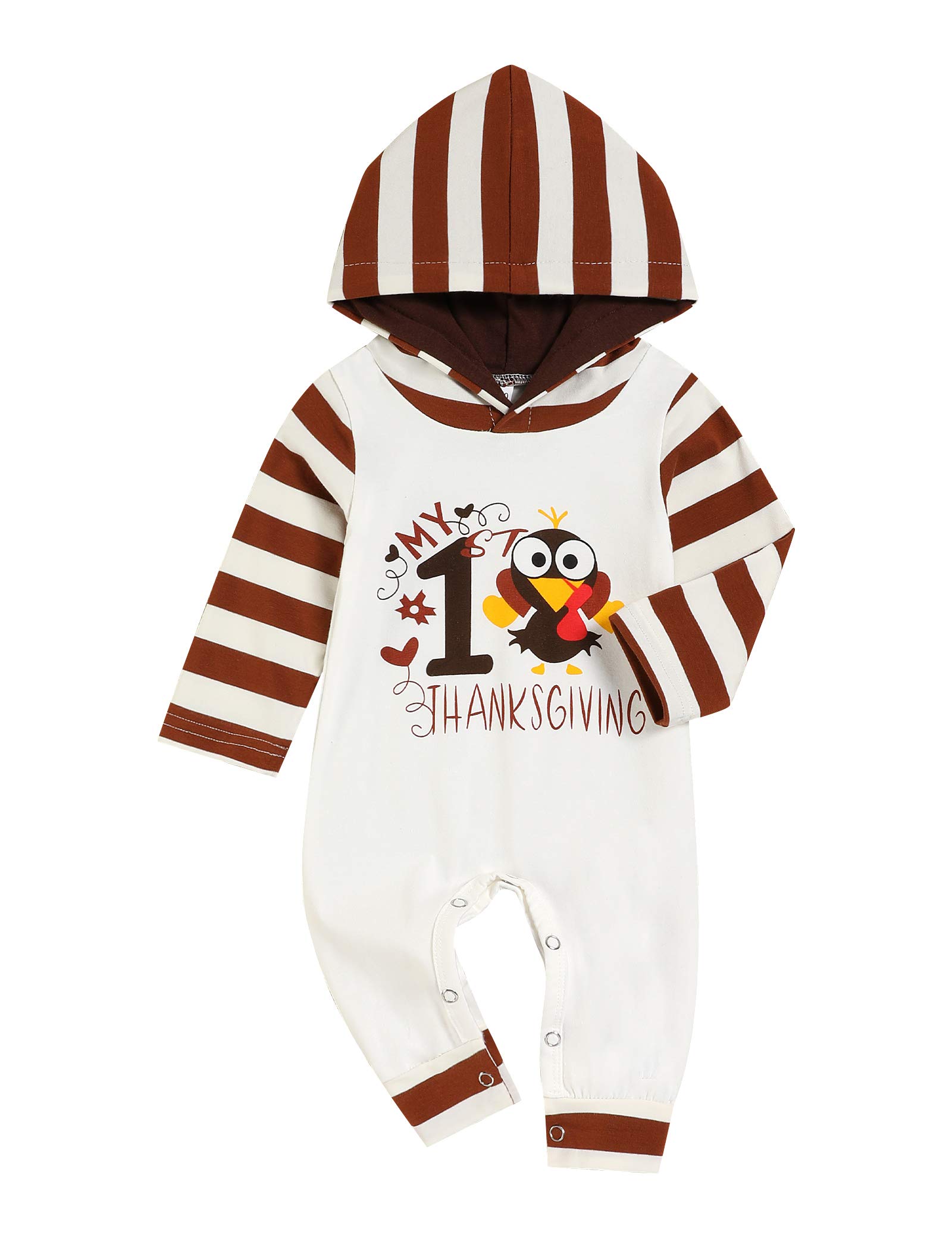 My First Thanksgiving Romper Outfit for Newborn Baby Boy & Girl - Cute Turkey Print Hooded Bodysuit with Stripes | Perfect for Holiday Photos, Family Gatherings & Festive Celebrations