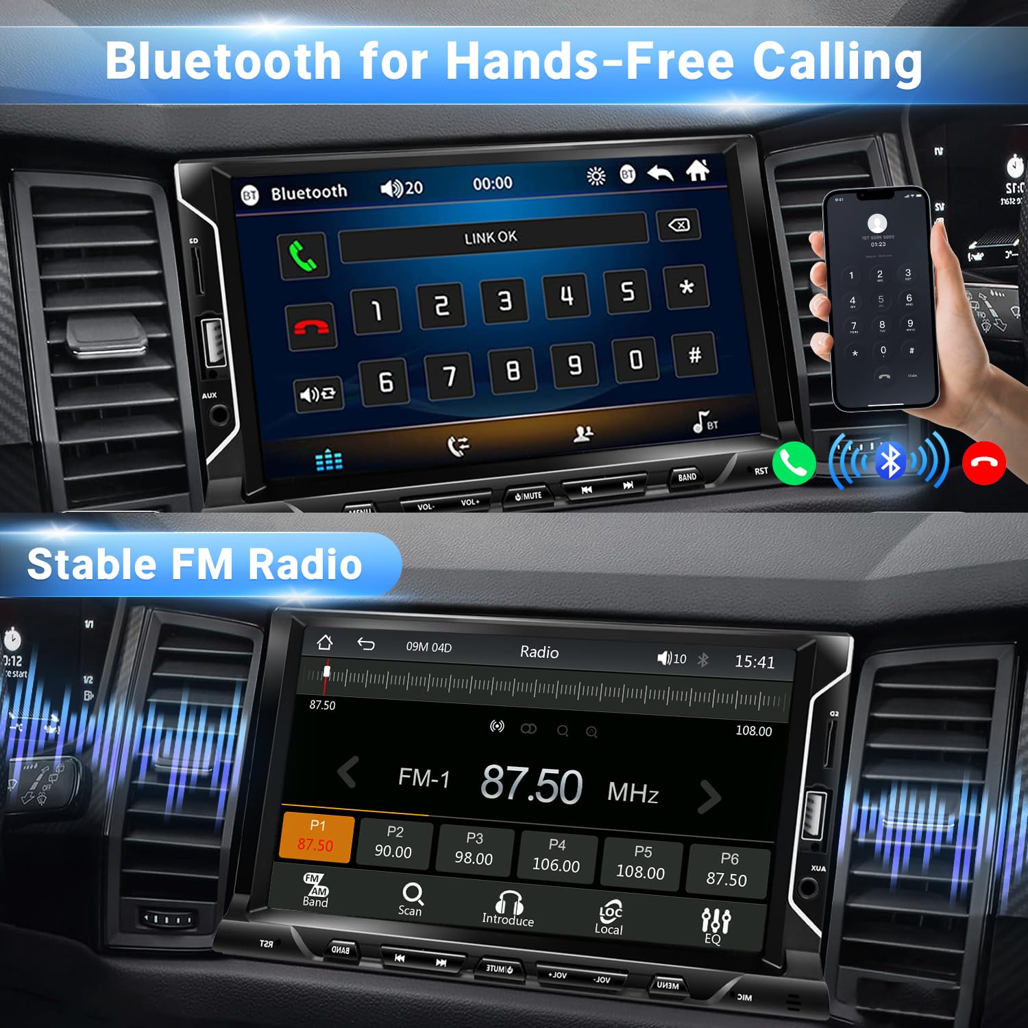 7 Inch Double Din Car Stereo with Apple CarPlay & Android Auto - Bluetooth 5.0, FM Radio, USB/TF/AUX Ports, Backup Camera & Remote Control - Capacitive Touchscreen for Seamless Connectivity - Perfect for Road Trips, Commuting & Hands-Free Driving