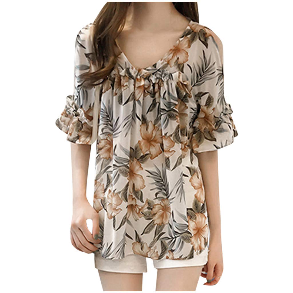 Women's Floral Print V-Neck Ruffled Sleeve Satin Blouse - Elegant Cold Shoulder Tops for Party, Wedding & Casual Wear