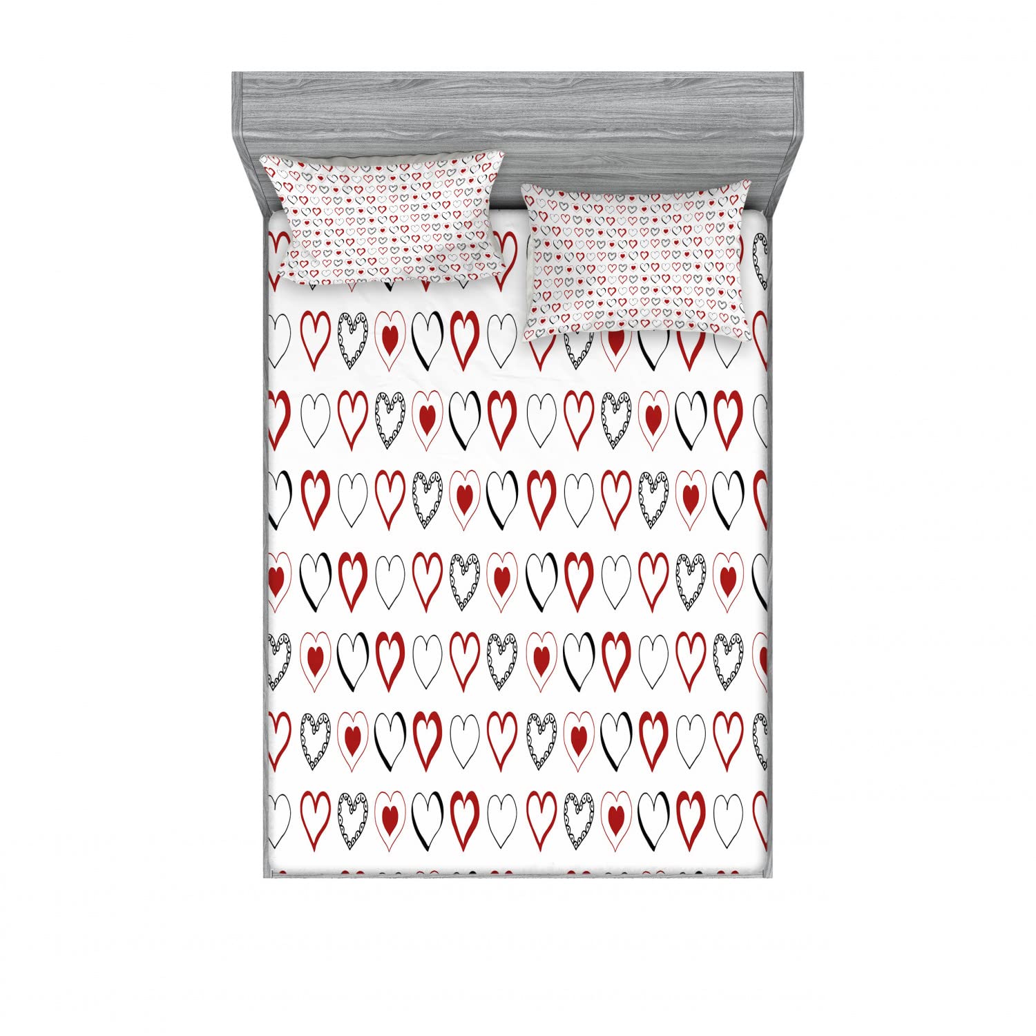 Ambesonne 2-Pack Queen Size Fitted Sheet & Pillow Sham Set - Doodle Hipster Romance Design, 4-Piece Bedding Set (2 Fitted Sheets + 4 Pillow Covers) in Ruby Black White - Perfect for Guest Rooms, Dorm Decor & Bohemian Style Bedrooms