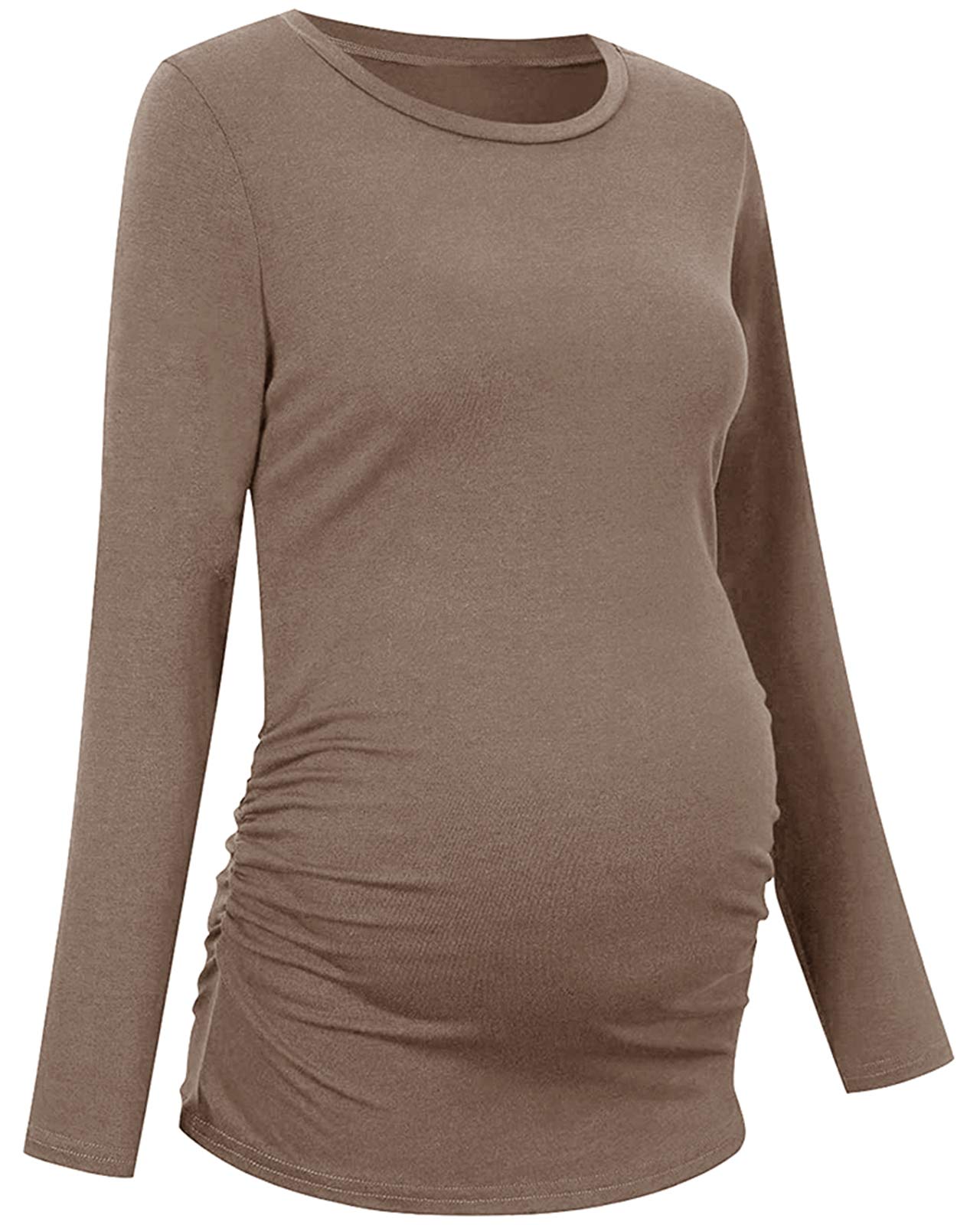 Chuanqi Women's Maternity Shirt - Fall Long Sleeve Crew Neck Pregnancy T-Shirt with Side Ruched Tunic Top | Comfortable Maternity Wear for Work, Casual Outings & Pregnancy Photos