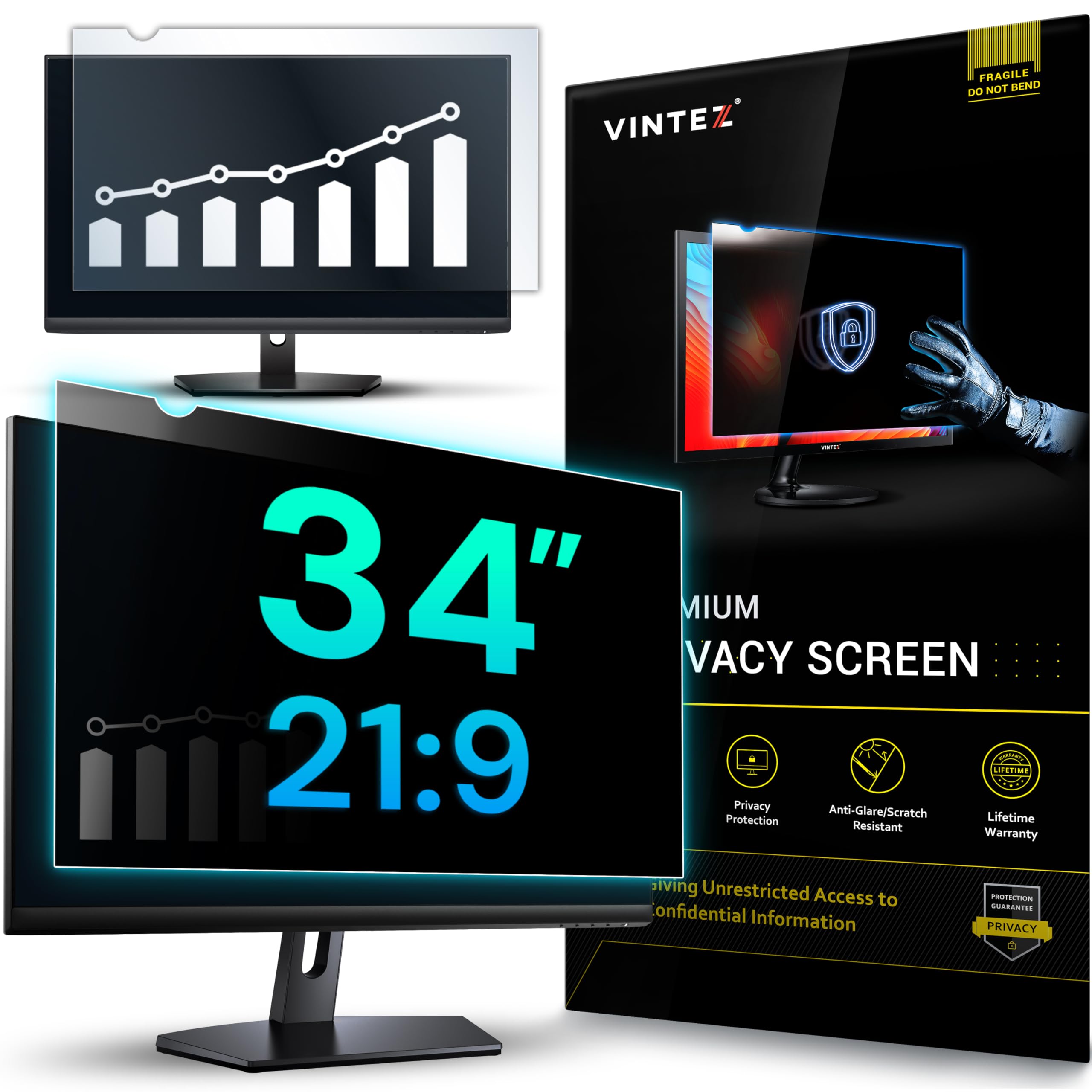 VINTEZ 34 Inch 21:9 Computer Monitor Privacy Screen & Laptop Anti Glare Protector - Blue Light Filter Eye Protection Film, Privacy Shield for Office & Home Use (1 Pack) - Reduce Eye Strain & Enhance Security for Workstations