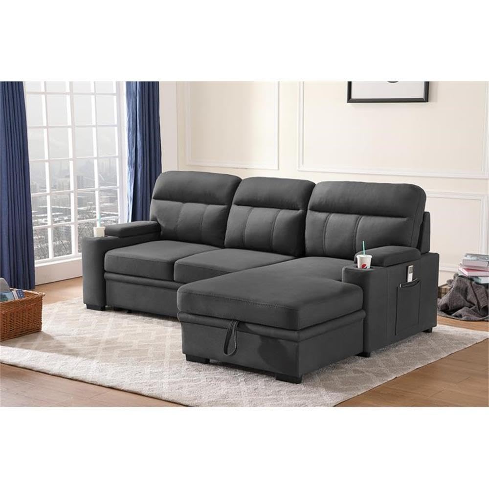 MAKLAINE Modern Microfiber Sectional Sofa with Chaise, Storage & Cup Holders - Gray Contemporary Sleeper Sofa for Living Room, Home Theater & Small Spaces