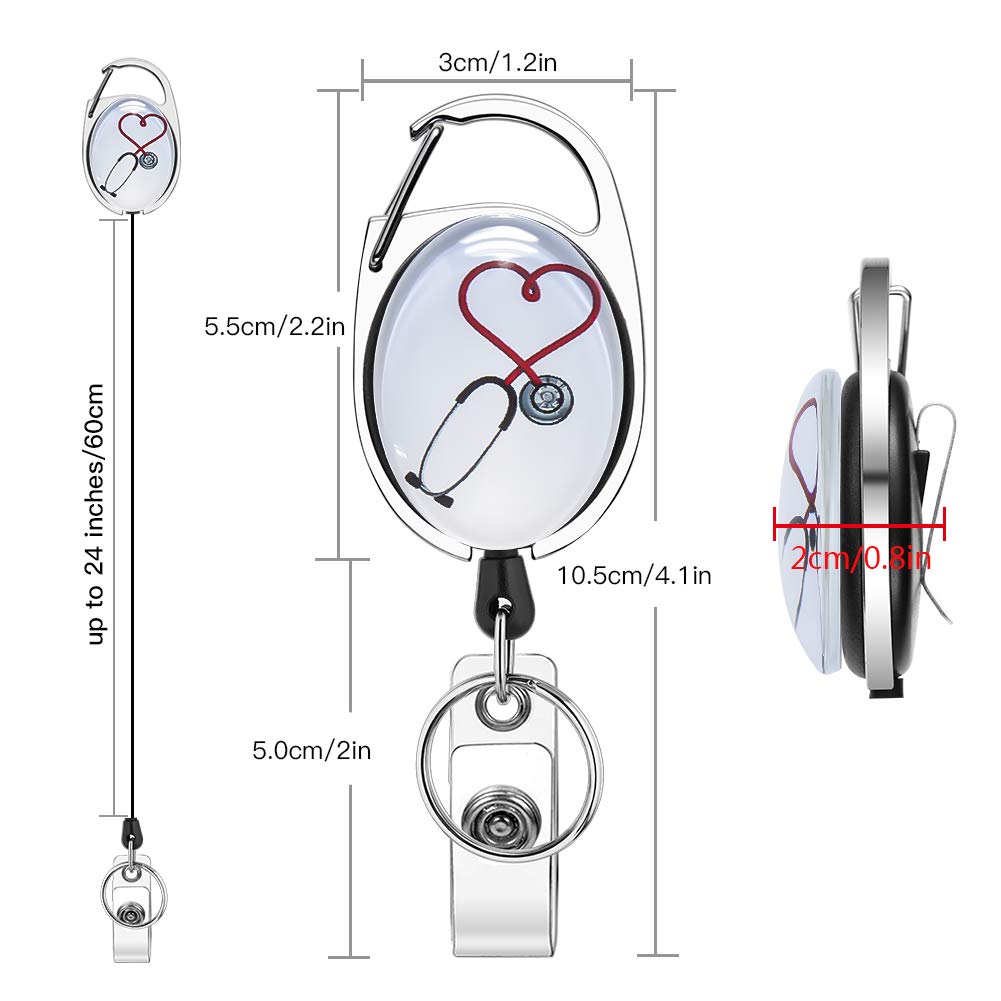 Xoqo Heavy Duty Retractable Badge Reel with Carabiner - 3 Pack Crystal Glass Badge Holders with Belt Clip & Key Ring for Office, Doctor, Nurse - Heartbeat & Stethoscope Design - Ideal for Healthcare Professionals, Hospital Staff & Corporate ID Cards
