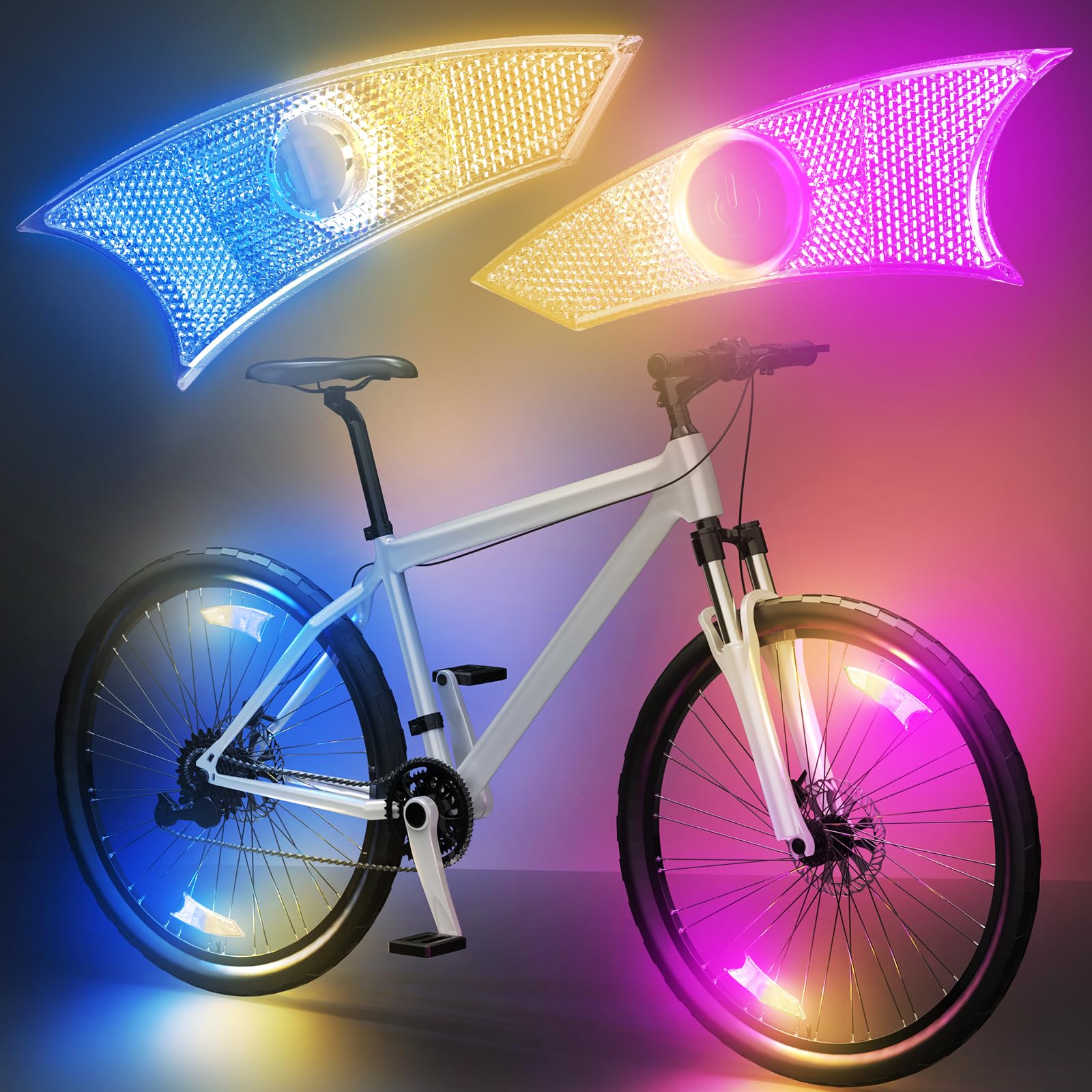 4 Pack LED Bike Wheel Lights - Ultra Bright Bicycle Spoke Lights with 8 Modes, IPX5 Waterproof, Multi-Color Cycling Lights (2 Yellow/Blue + 2 Yellow/Pink) - Includes Batteries for Night Riding Safety & Fun Outdoor Cycling Accessories