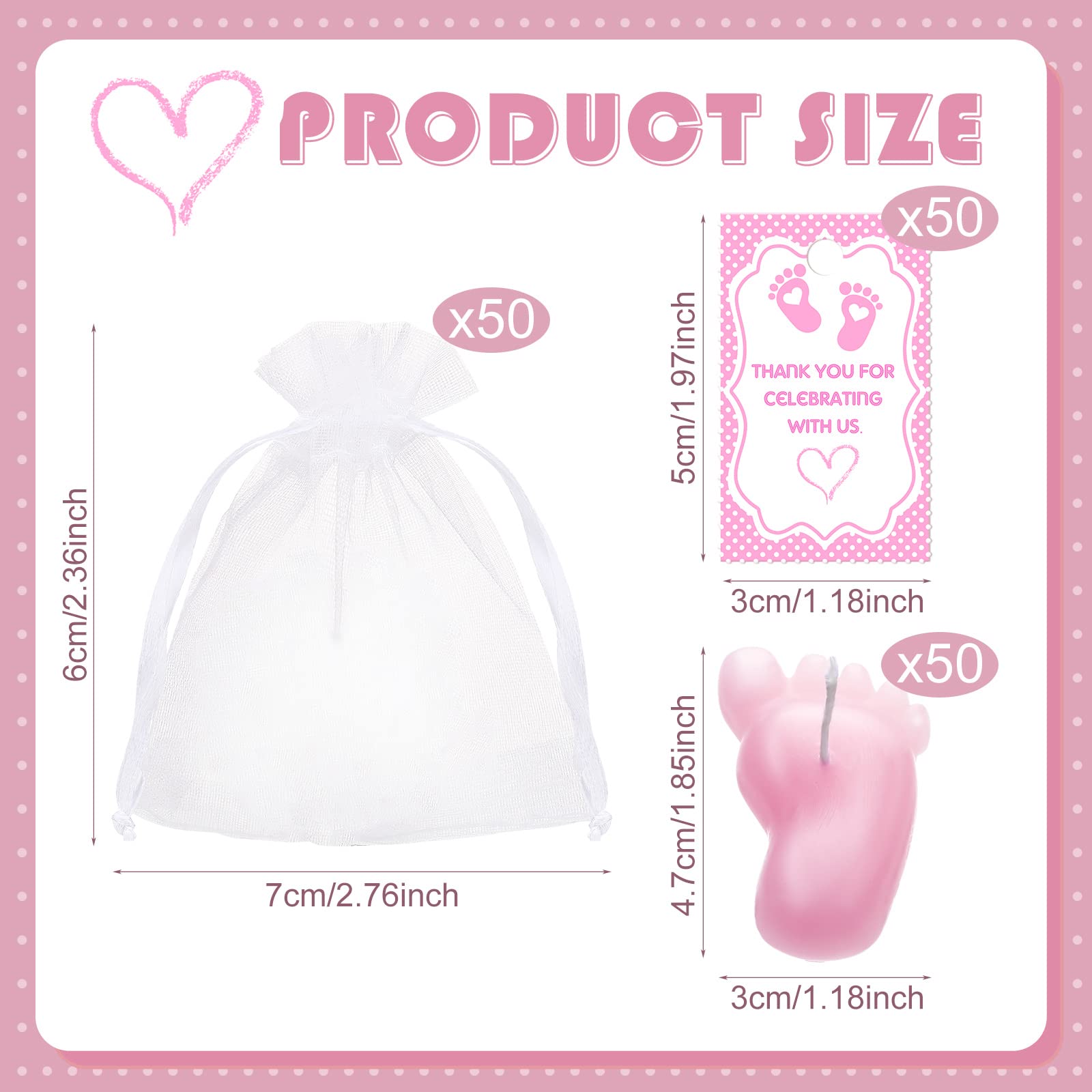 50 Pcs Pink Baby Footprint Candles - Gender Reveal & Baby Shower Favors with Gift Bags & Thank You Cards - Perfect for Newborn Celebrations, Party Decorations & Guest Gifts
