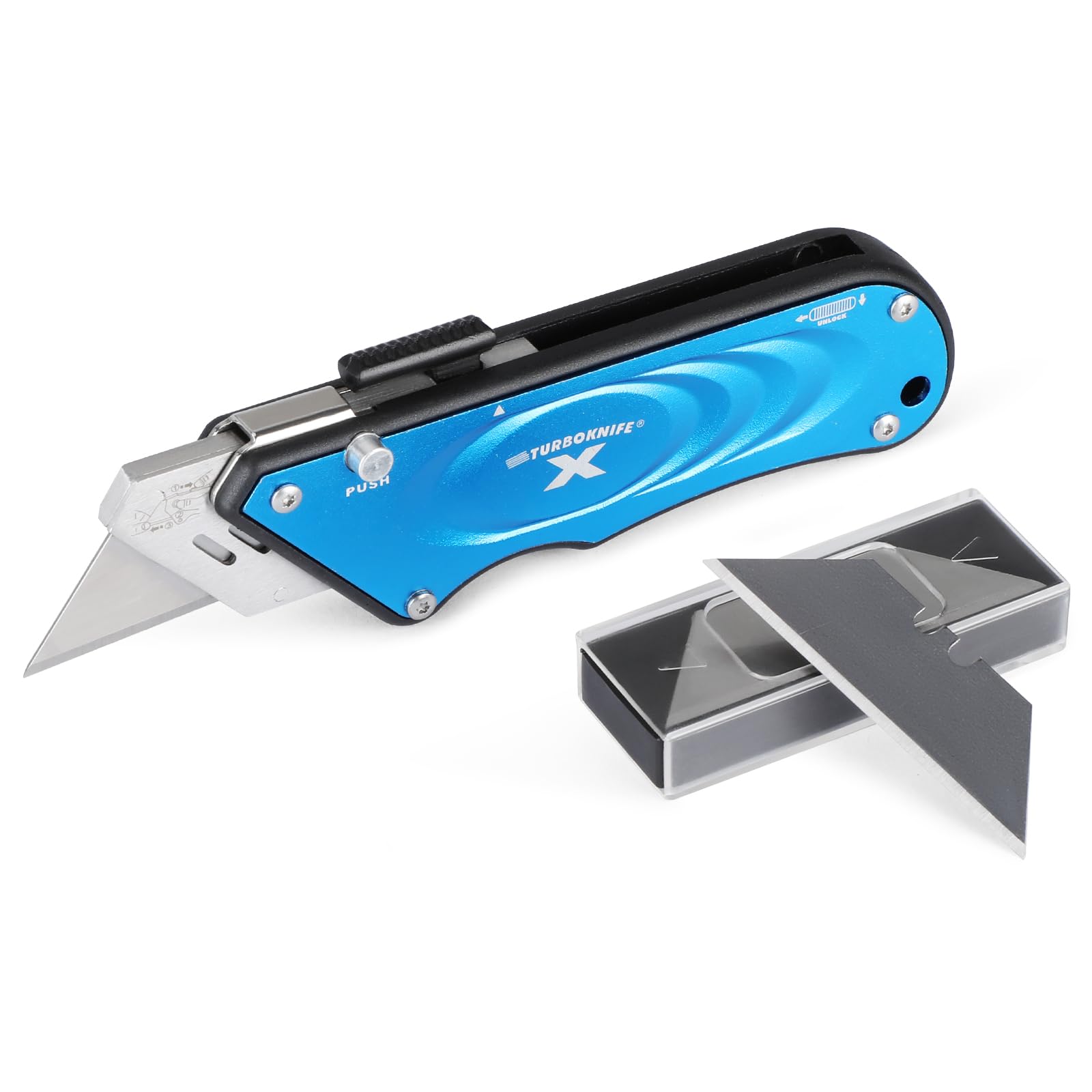 Olympia Tools Turboknife X Utility Knife 33-134 - Heavy Duty Retractable Blade Cutter with Comfort Grip (Blue) - Perfect for Construction, Packaging, and DIY Projects