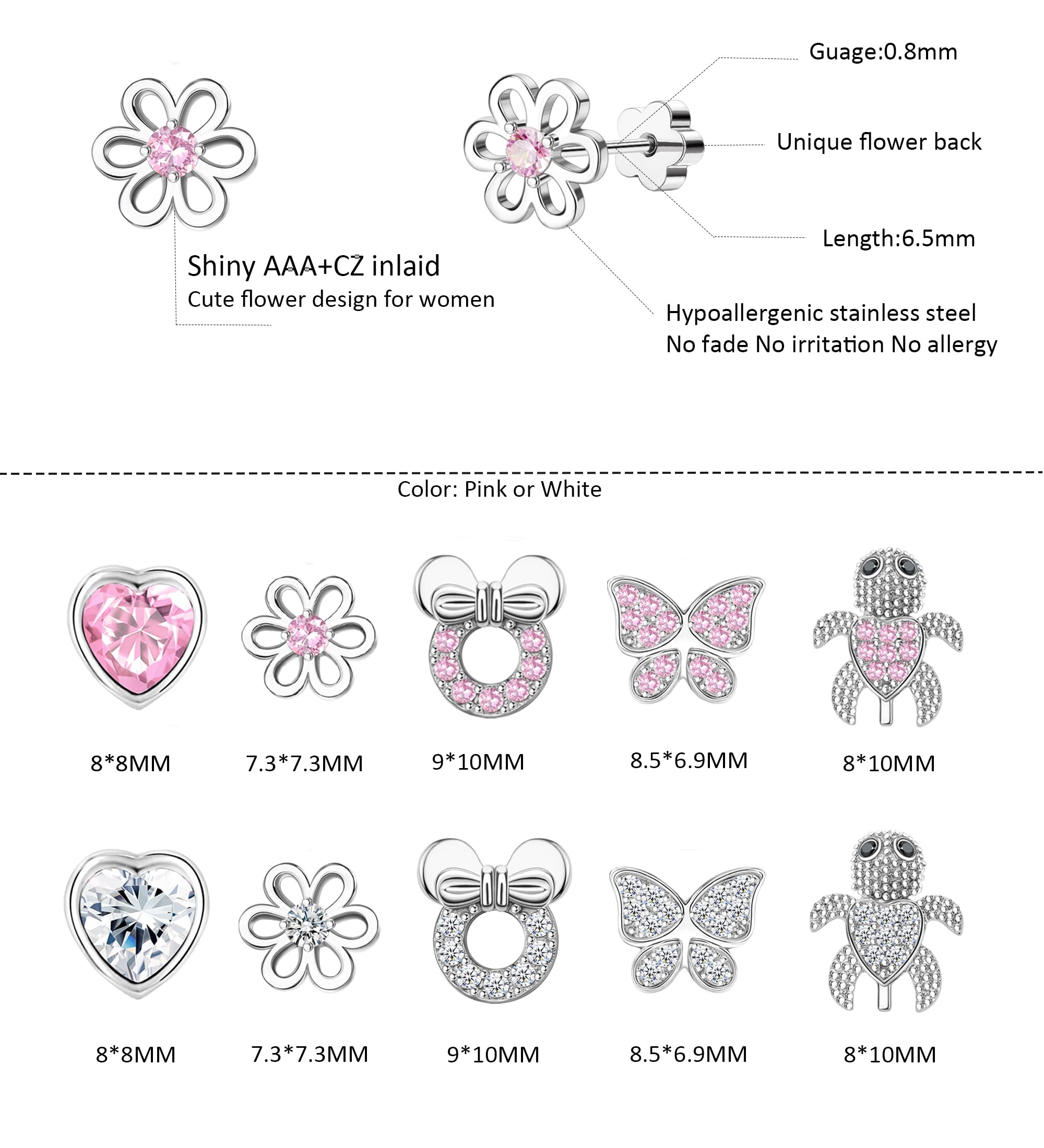 5 Pairs Hypoallergenic Surgical Steel Flat Back Earrings for Women - 20G CZ Heart & Flower Stud Earrings with Screw Backs - Perfect for Sensitive Ears, Sleeping & Everyday Wear