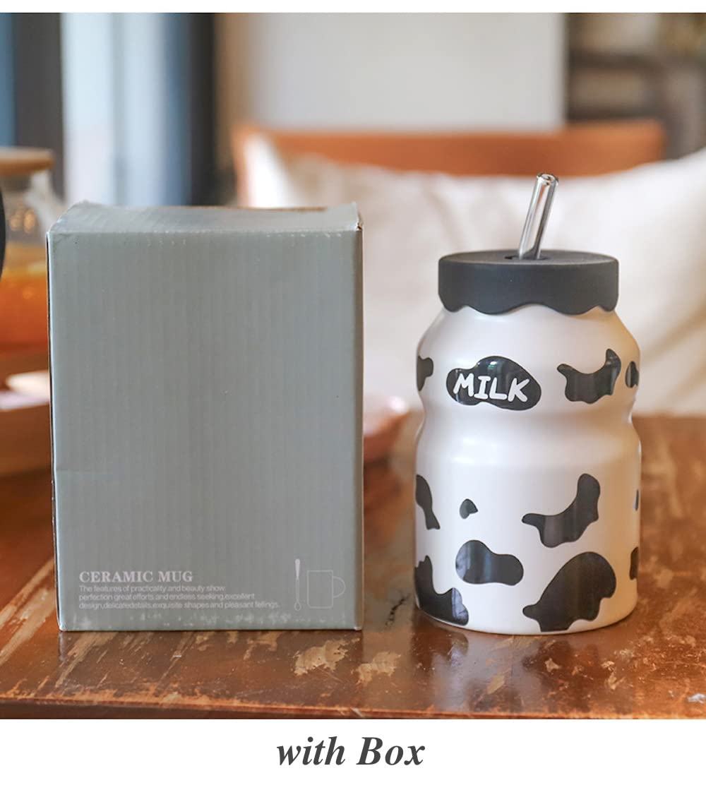 Set of 4 Cute Kawaii Ceramic Mugs with Silicone Lids & Straws - Aesthetic INS Style Milk Tea Cups - Perfect for Bubble Tea, Coffee, Juice & Home/Office Use