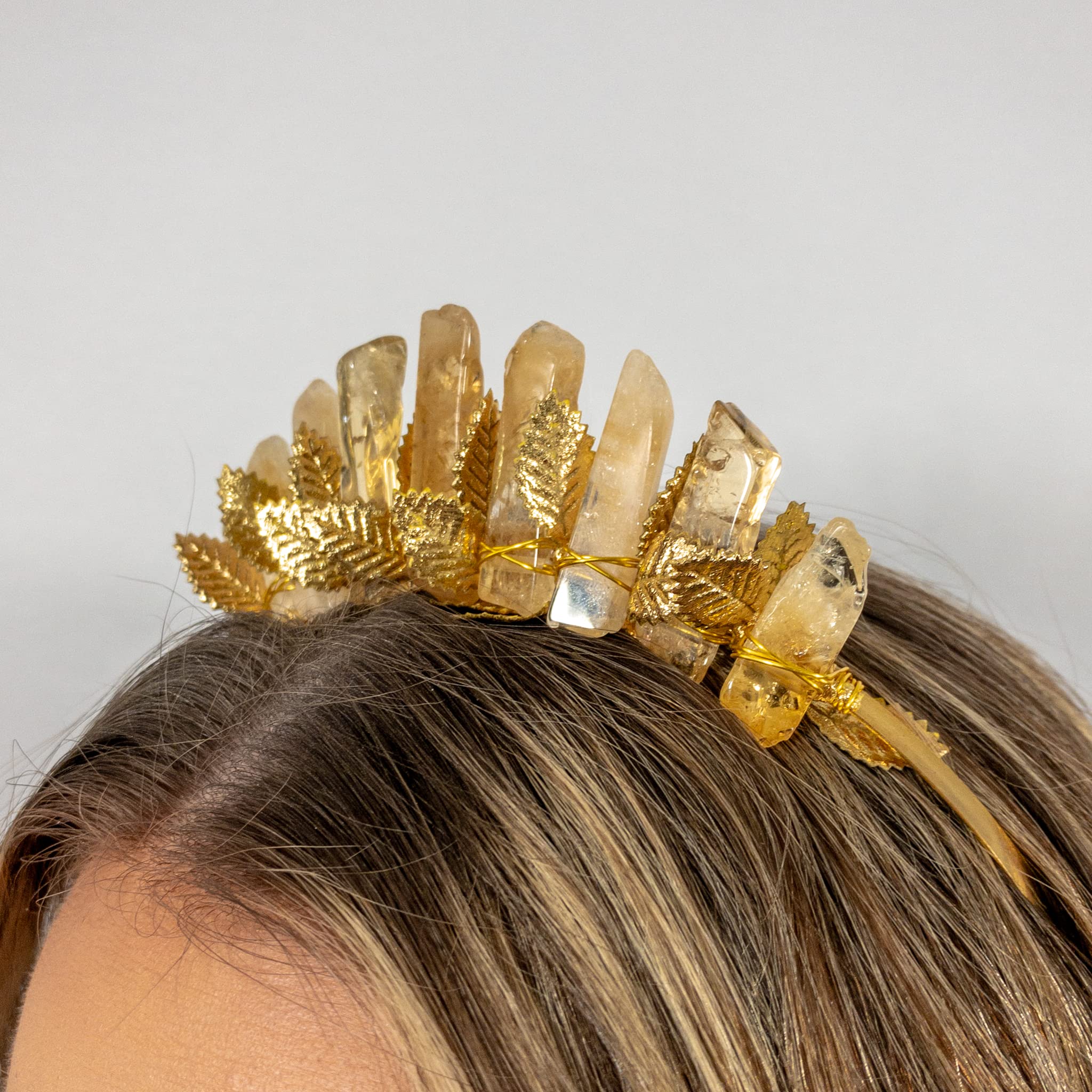 Mini Citrine Crystal Crown Tiara with Gold Leaf - Appalachian Gems Bridal Headpiece for Weddings, Witches, Photoshoots & Halloween | Boho Wedding Accessory, Festival Jewelry, Cosplay Costume Prop