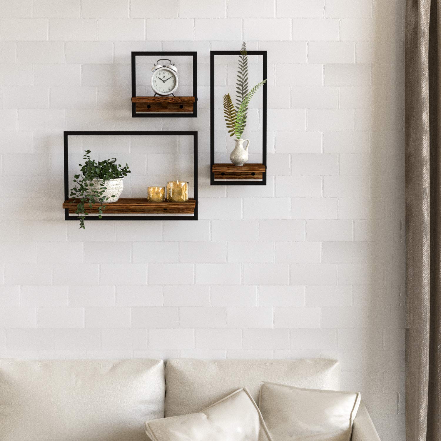 Rustic Wooden Floating Shelves with Metal Frame - Set of 3 Wall Mounted Display Shelves for Home Decor, Living Room, Bedroom, Office & Bathroom Organization - Perfect for Books, Plants, Photos and Decorative Items