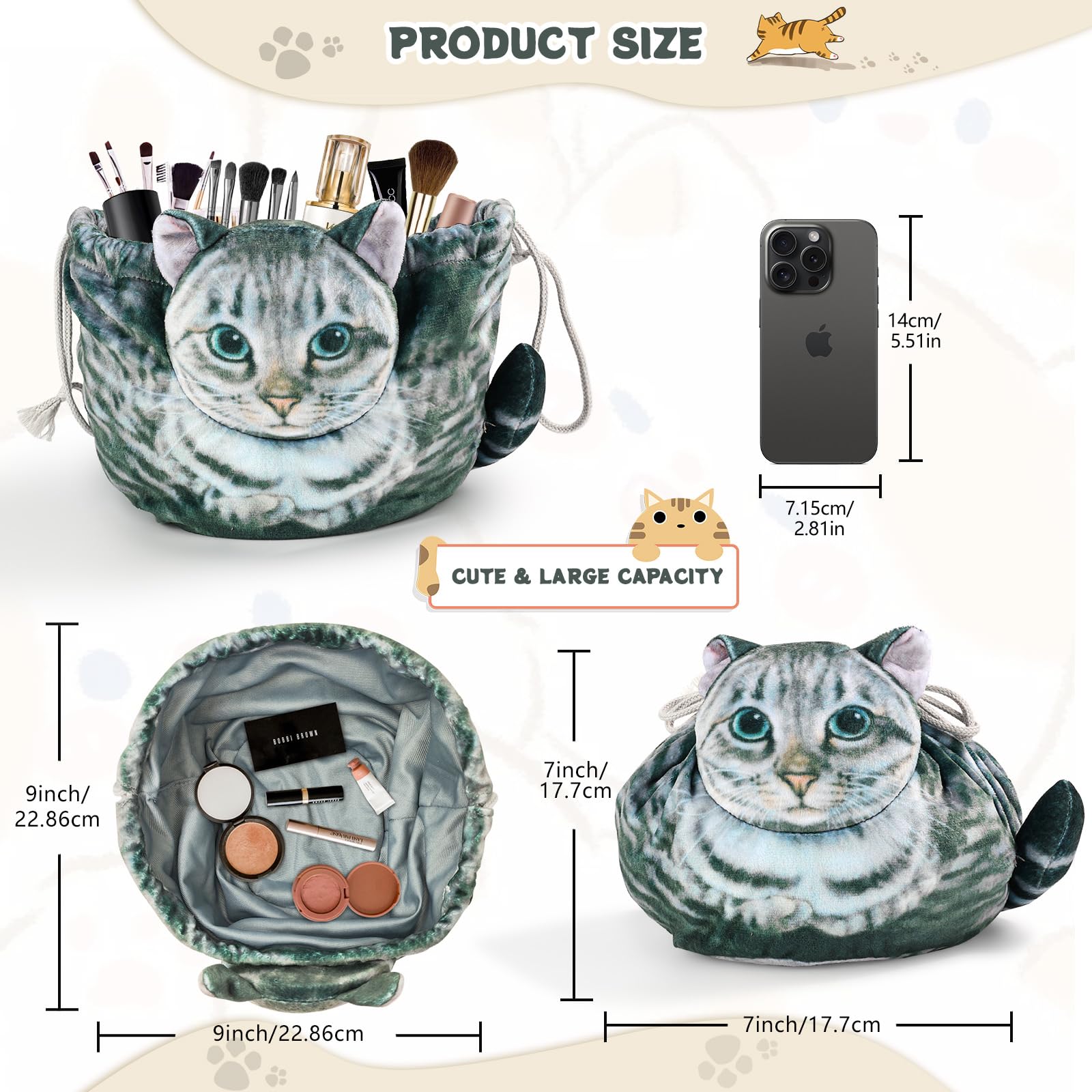 Stylish Grey Tabby Cat Shaped Drawstring Makeup Bag for Women - Cute Cosmetic Case | Perfect for Travel, Gym & Daily Organizer