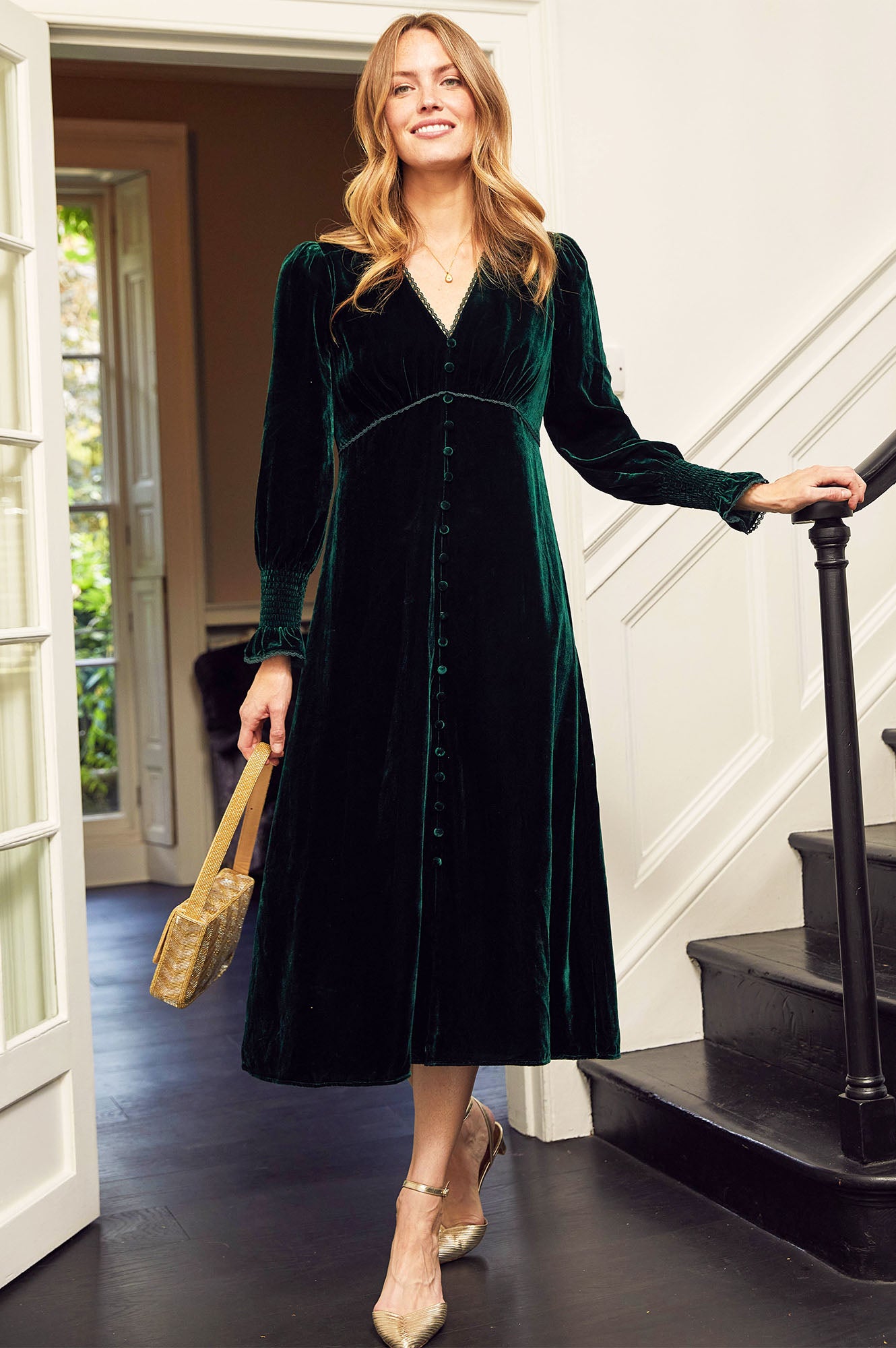 Elegant Long Sleeve Velvet Sally Anne Dress for Women - Emerald Green Evening Gown for Parties, Weddings & Special Occasions