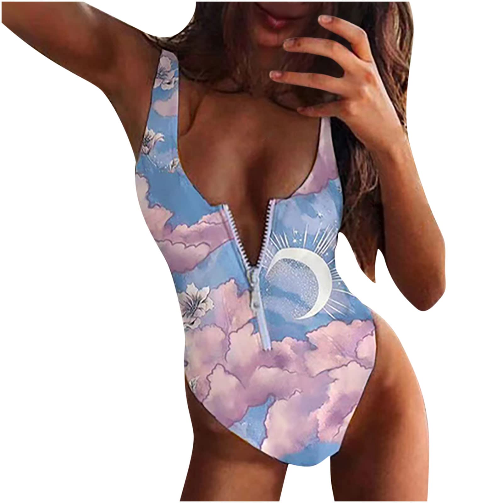 Sexy Low Cut One Piece Swimsuit for Women - Trendy Graphic Beach Tankini Set with Zip Up B6 - Perfect for Pool Parties, Vacations & Summer Getaways