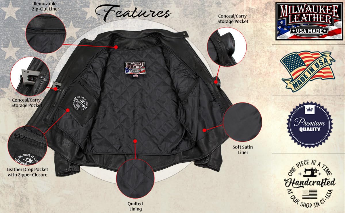 Milwaukee MLJKM5003 Men's Black Premium Leather Motorcycle Jacket - USA Made, Reflective Piping for Safety | Perfect for Cruiser Riders & Long-Distance Touring