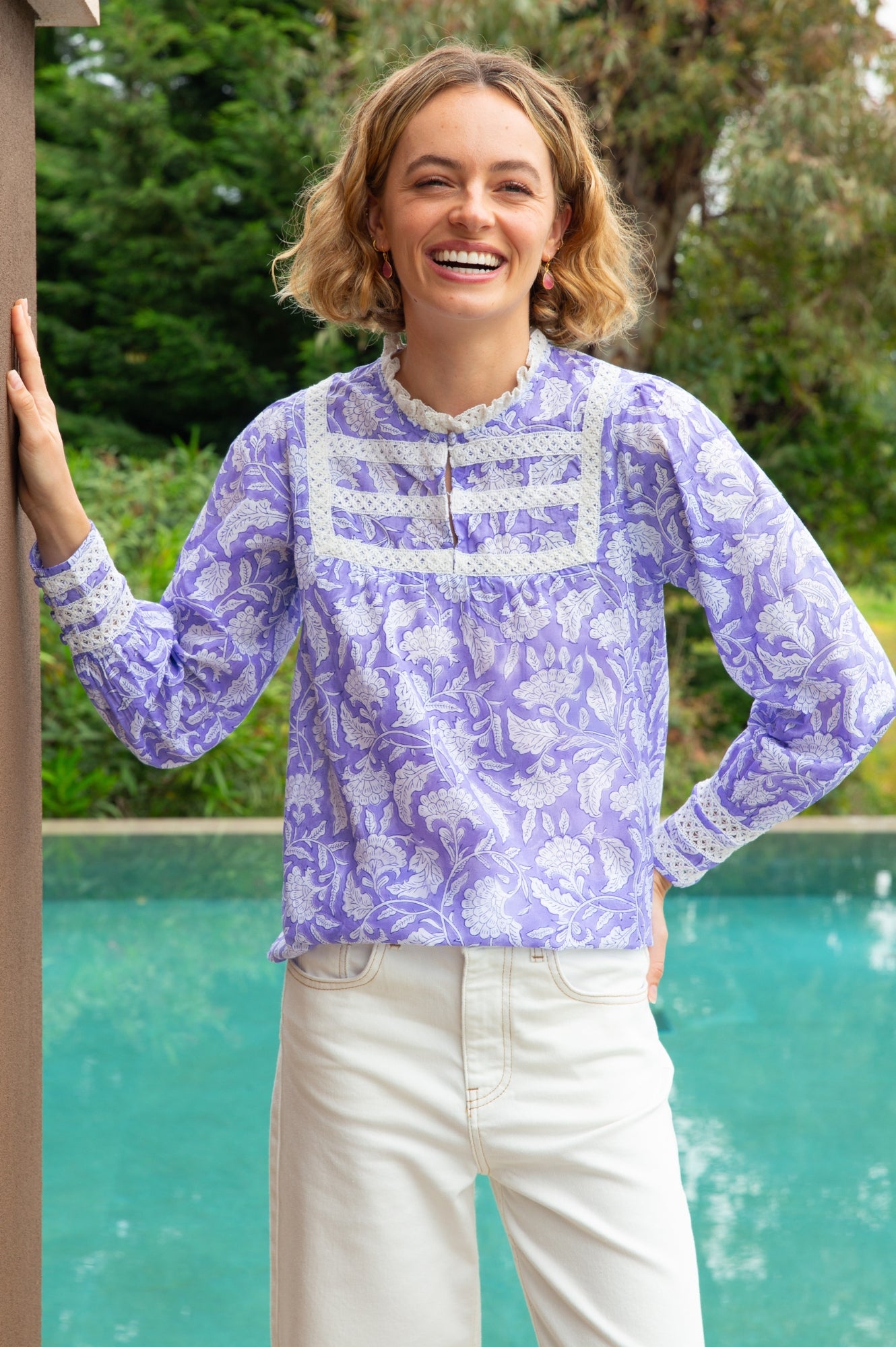 Margot Organic Cotton Block Print Blouse - Iris Blue & White Floral Top | Boho Chic Women's Shirt for Casual Wear & Summer Outfits