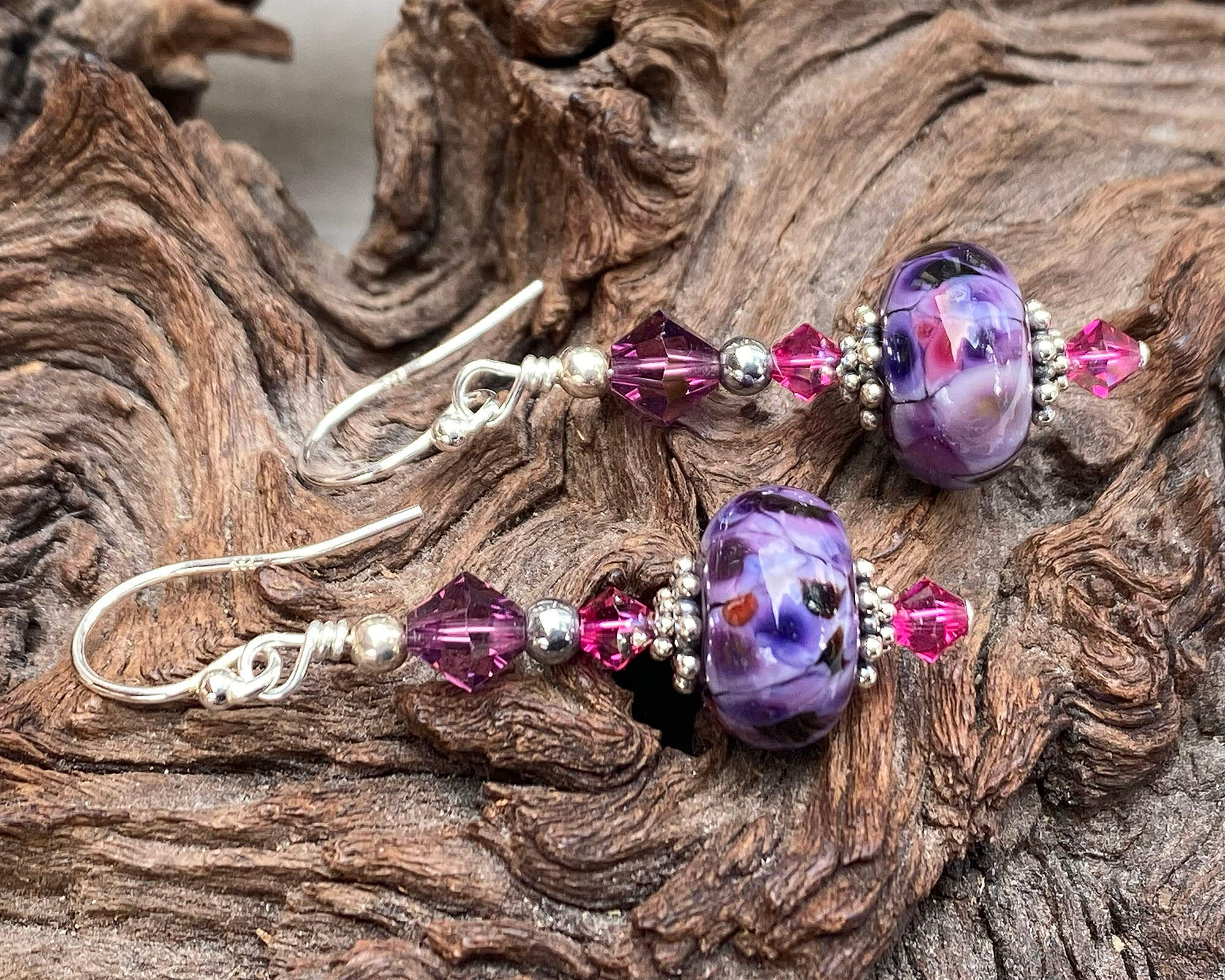 Handmade Fuchsia Periwinkle Mosaic Lampwork Glass Bead Earrings for Women | Bohemian Jewelry | Perfect for Weddings, Parties & Special Occasions