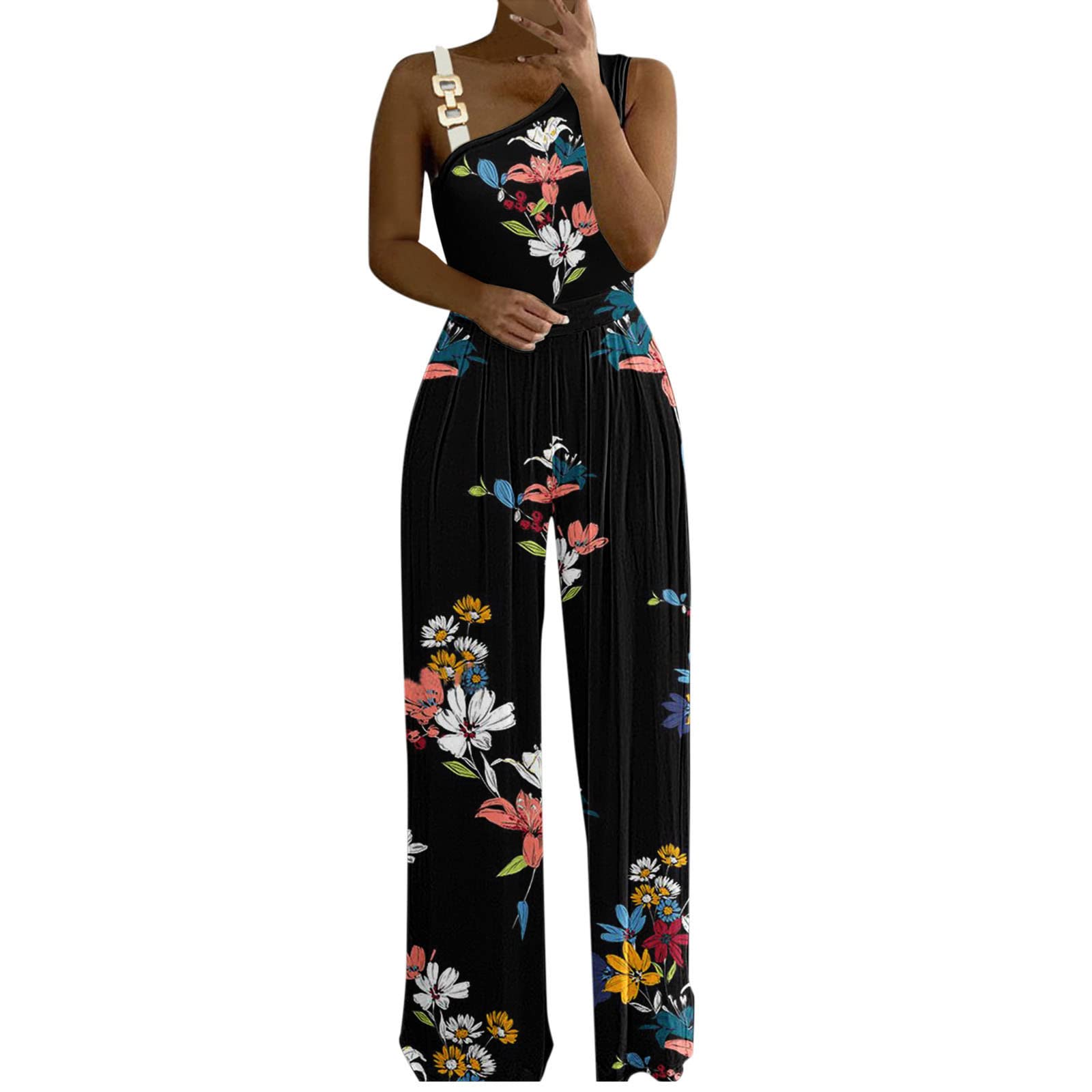 Keep Sunday Women's Sexy Metal Button Tank Top High Waist Wide Leg Jumpsuit - Solid Color Futuristic Romper for Women | Perfect for Summer Outfits, Beach Vacations & Night Out Parties