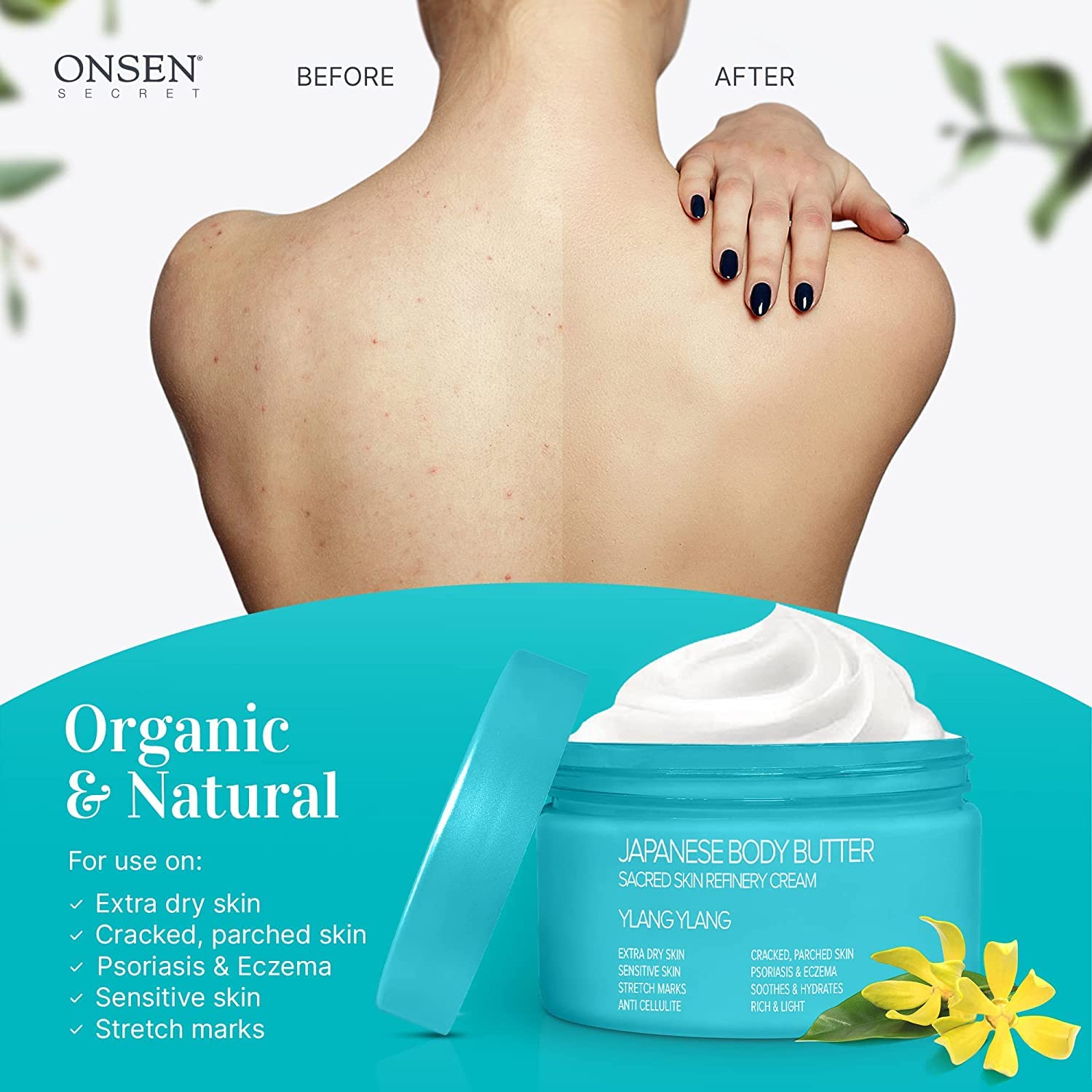 Japanese Onsen Body Butter for Women - Natural & Organic Shea Butter Moisturizer with Coconut Oil & Vitamin E - Skin Refining & Exfoliating Cream - 8.6 fl oz (255ml) - Ylang Ylang Scent - Perfect for Dry Skin Care & Spa Night Relaxation