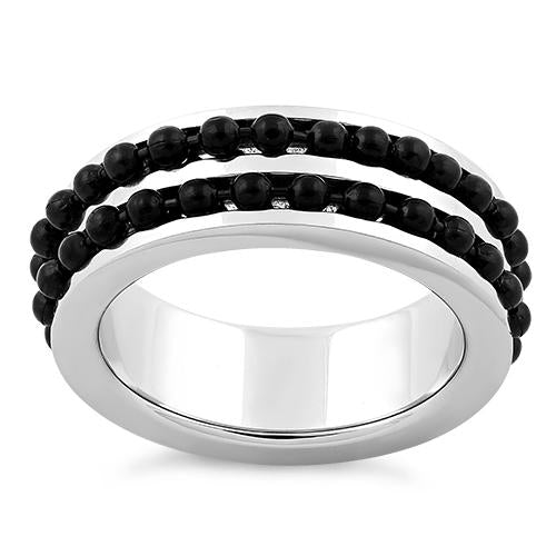 Stainless Steel Black Beaded Groove Polished Ring for Men & Women - Fashion Jewelry Gift for Anniversary, Wedding, Party - Durable & Hypoallergenic Accessory