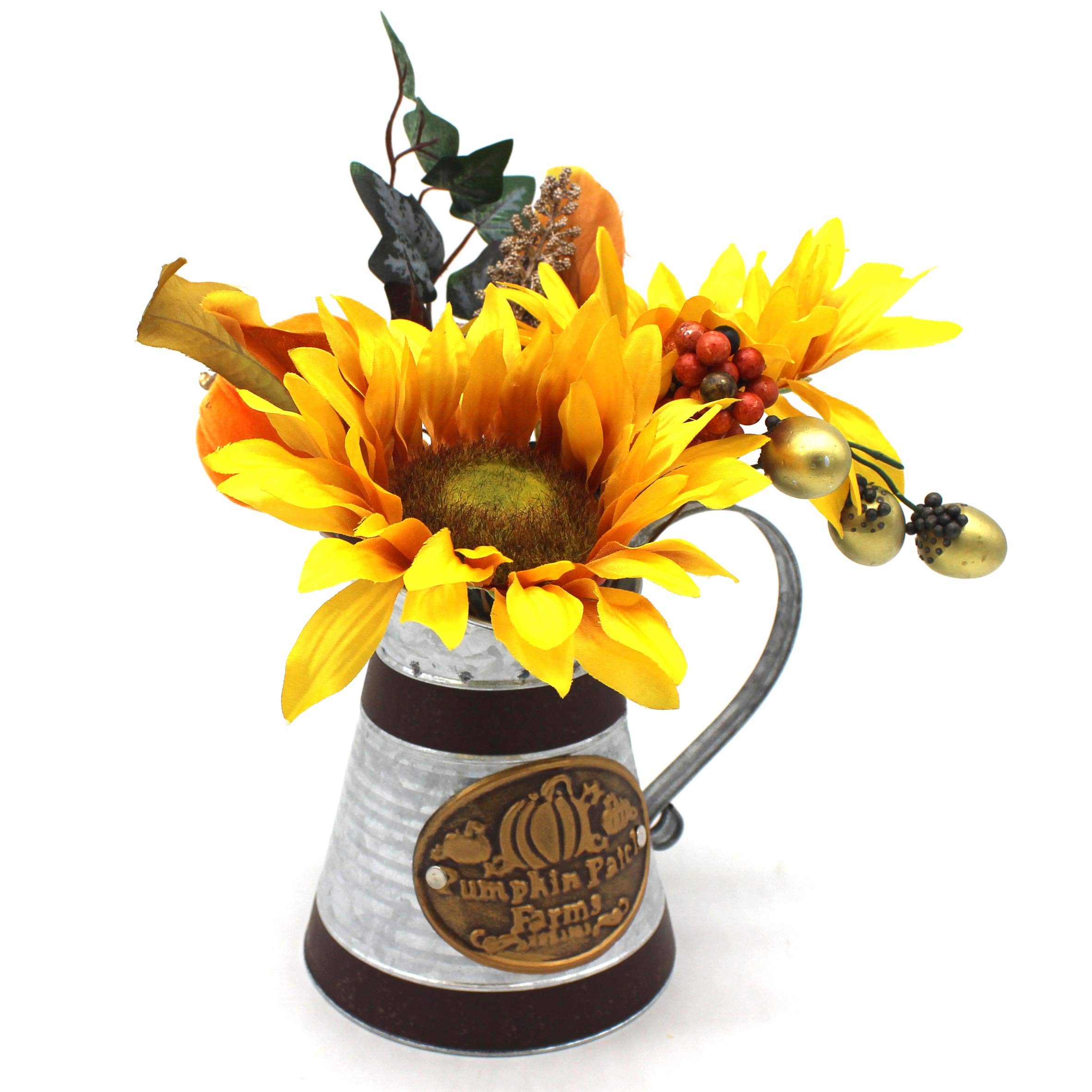 CVHOMEDECO Rustic Artificial Sunflower in Galvanized Metal Milk Pitcher - Farmhouse Sunflower Arrangement for Home & Office Decor - Perfect for Kitchen Countertops, Dining Tables, and Wedding Centerpieces